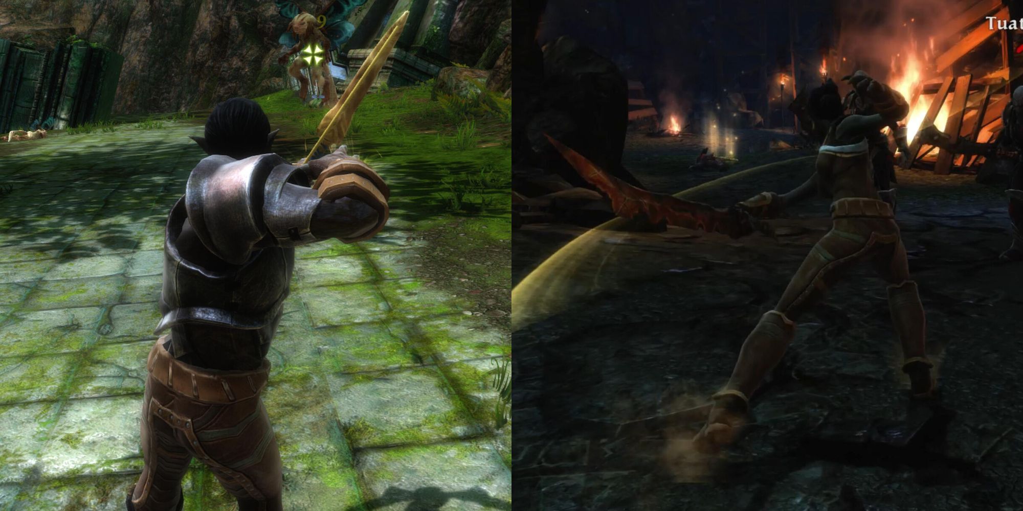 Kingdoms of Amalur weapon class. Firing a bow at mid-range, attacking an enemy.