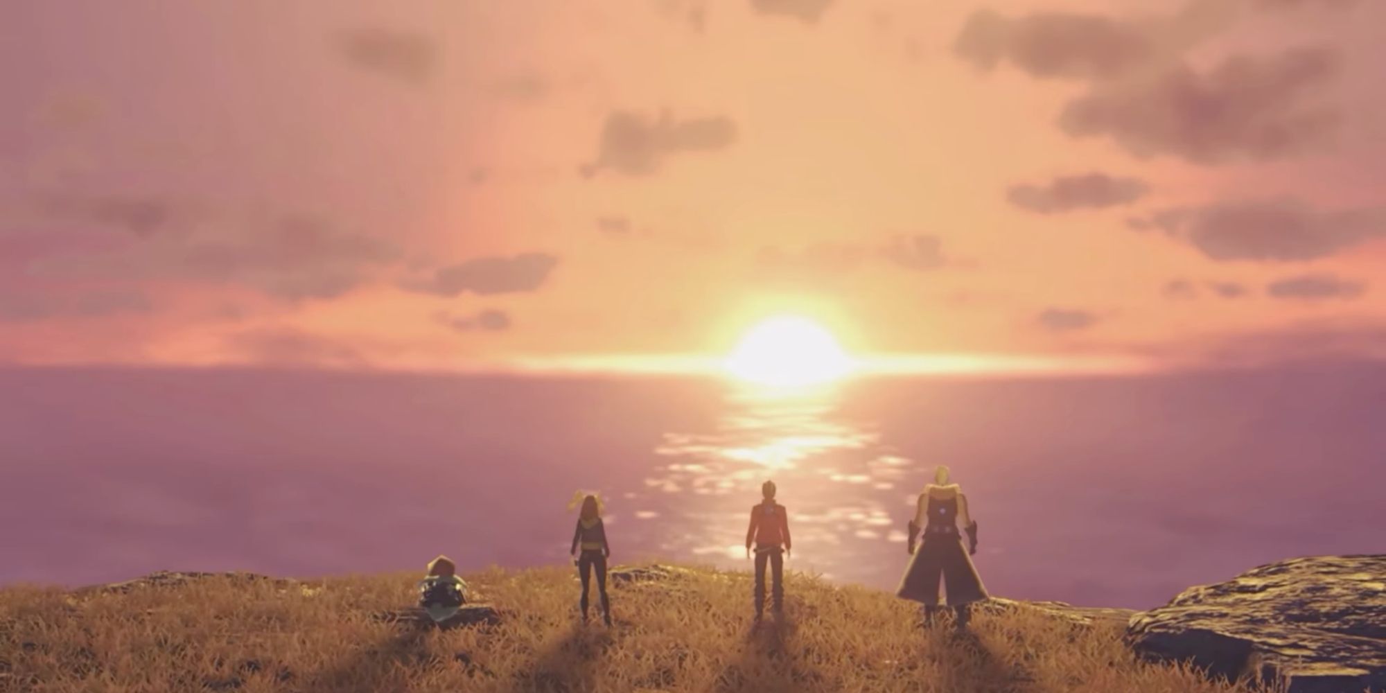 A screenshot from Xenoblade Chronicles 3's ending, showing Noah and the party looking at a sunset over the horizon