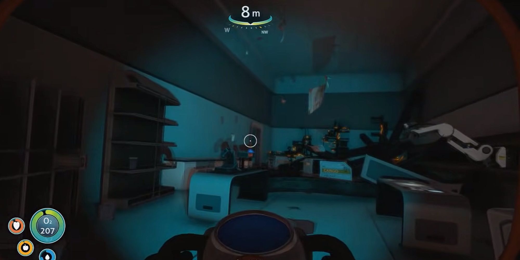 player explores a submerged section of the Aurora with shelves, desks, and floating debris