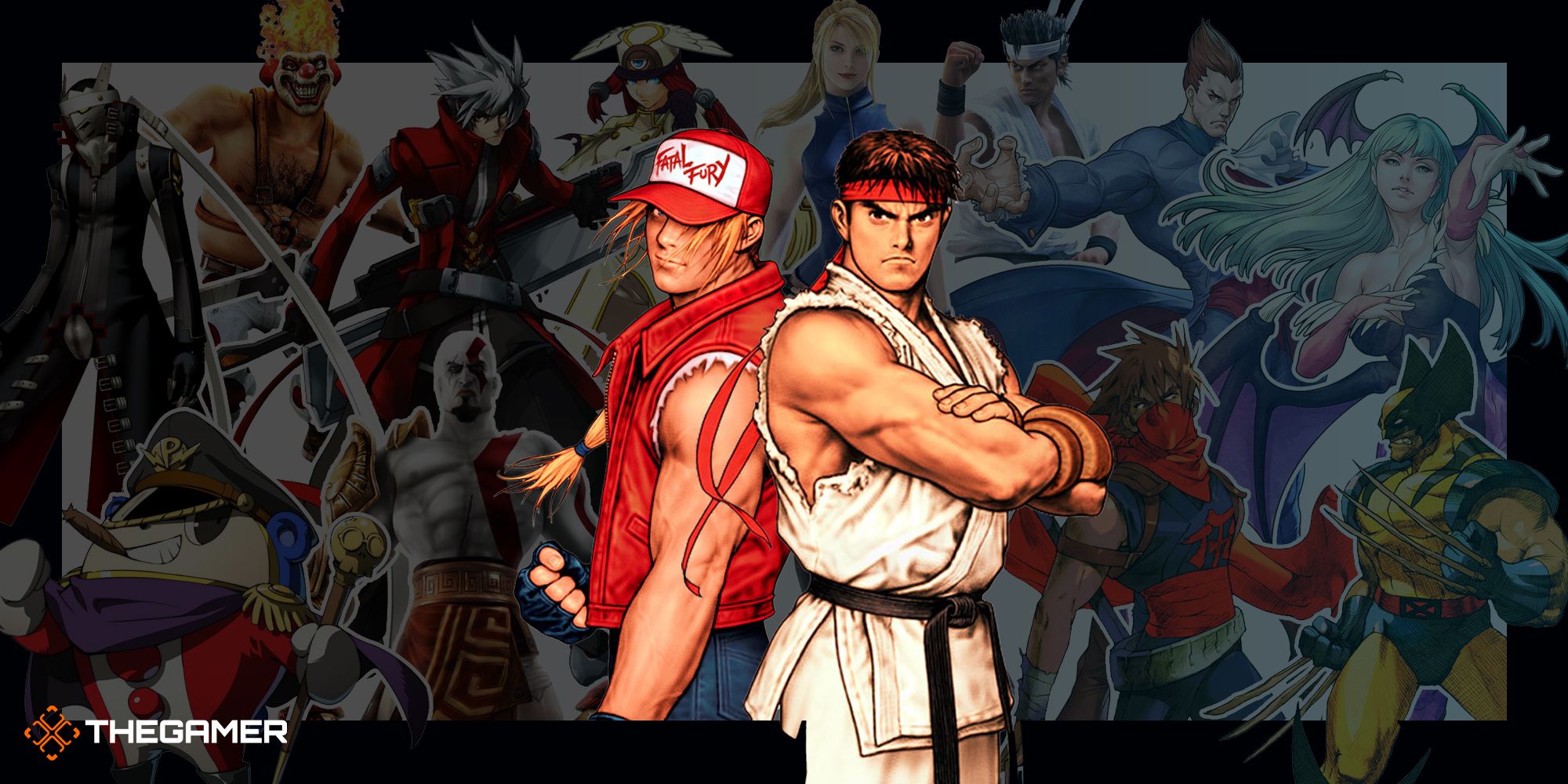 Images of fighting game characters with Terry Bogard and Ryu in front.