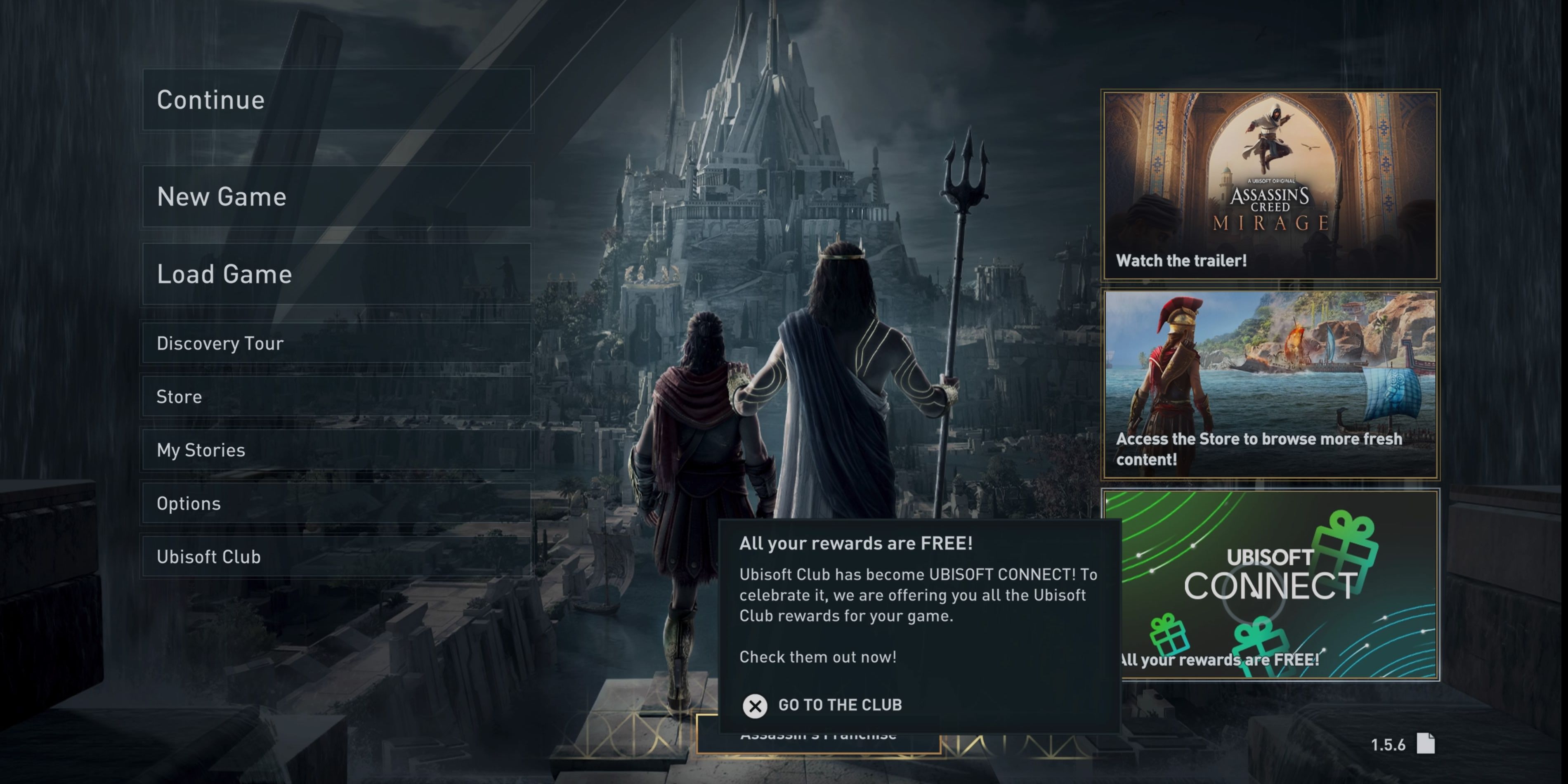 Assassin's Creed Odyssey Main Menu with Ubisoft Connect Rewards highlighted