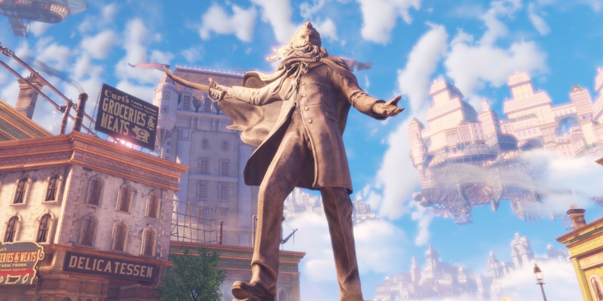 A huge statue of Zachary Comstock holding one palm out and wielding a sword in another with windswept hair stands in the middle of Columbia's square