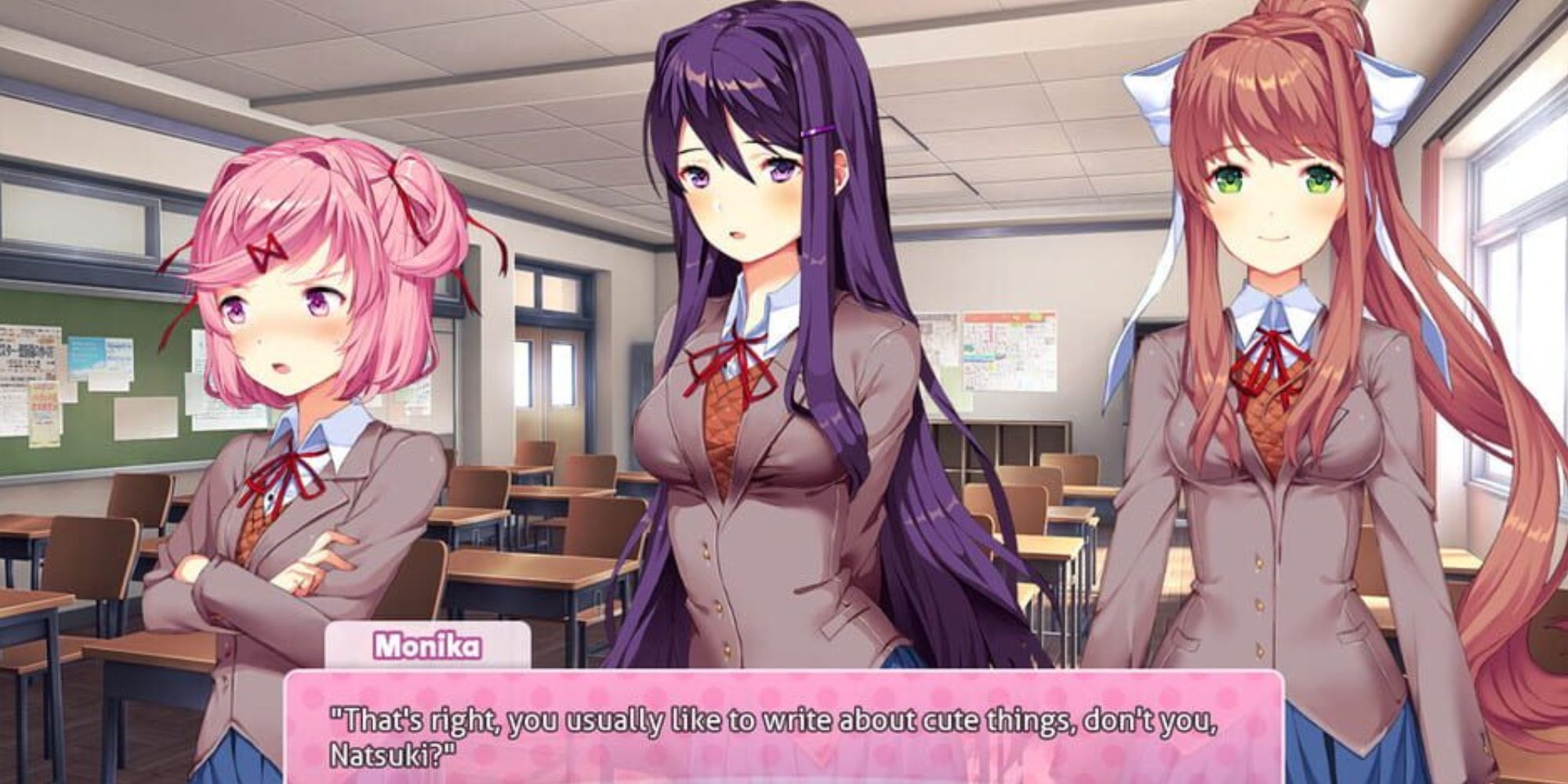 Monika talks to Natsuki in the classroom as Yuri stands in the middle