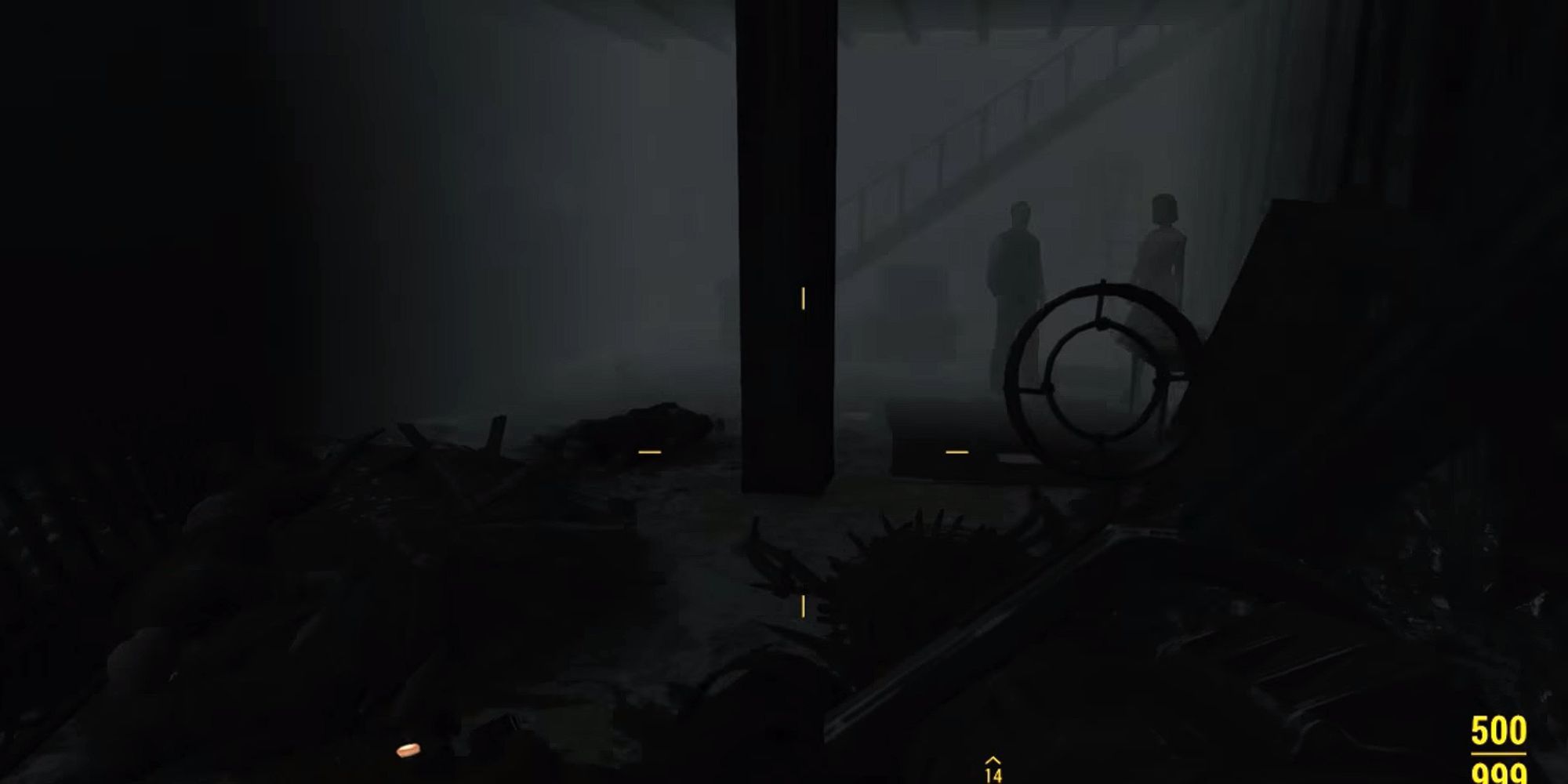 Player enters a dark room filled with debris and two mannequins near a staircase in the distance