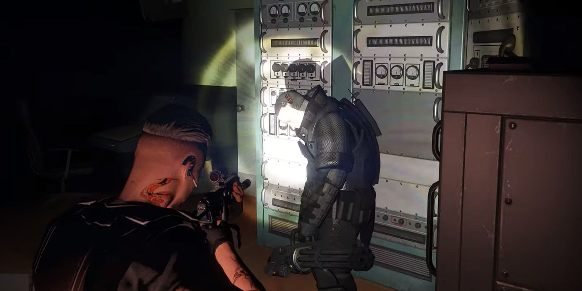 Player flashes light and aims gun at a sleeping Juggernaut by a corner of the room