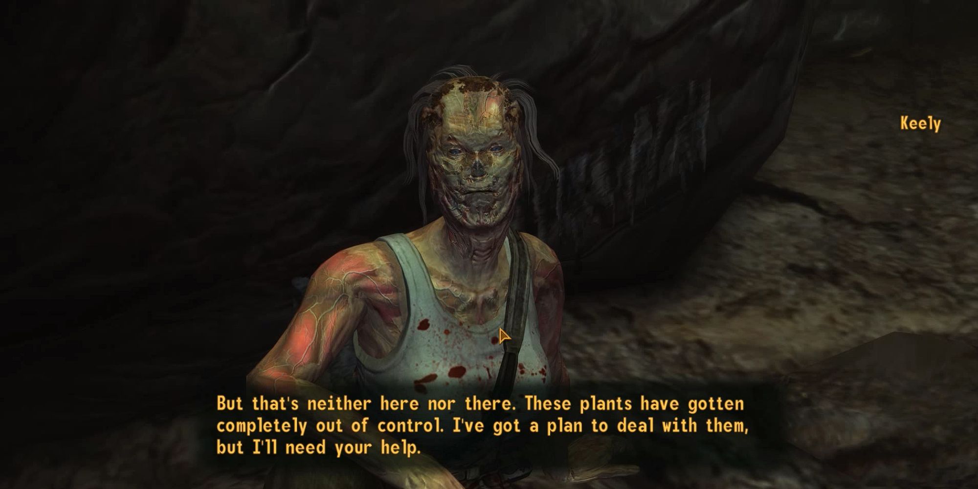 Keely asks the player for help with the mutated plants as she sits in the cavern tunnels
