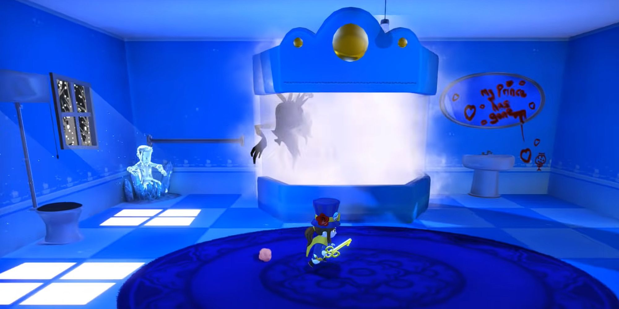 Hat Kid runs past Vanessa in her bath to the other end of the bathroom, with bloody writing on the mirror and a frozen figure sitting on a chair