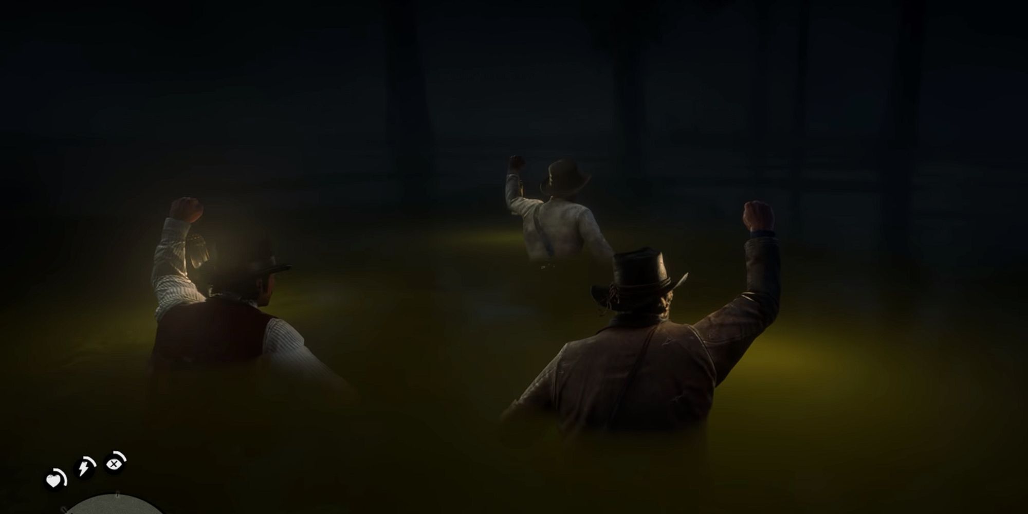 Arthur, Dutch, and Thomas walk chest-deep in the murky swamp at night while holding their lanterns out 