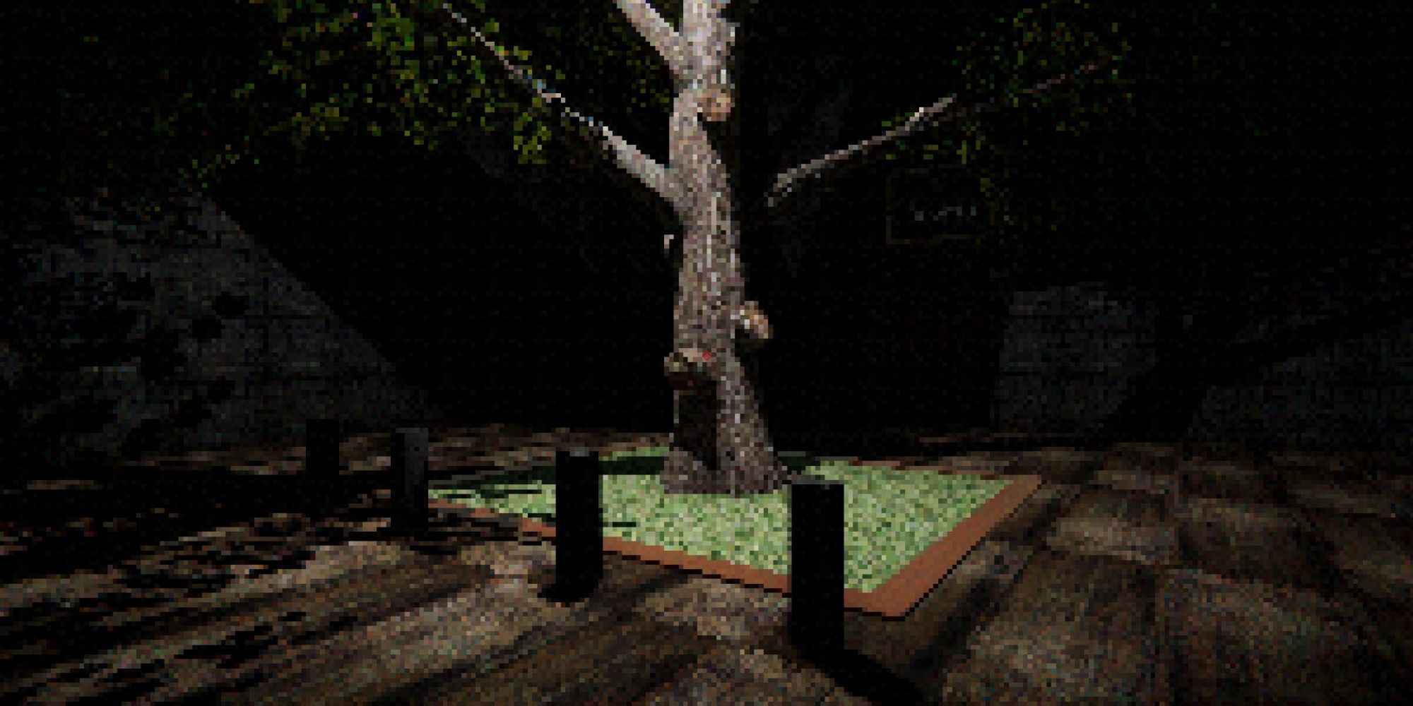 A Dark Place screenshot, showing a patch of grass with a large tree, surrounded by wooden flooring.