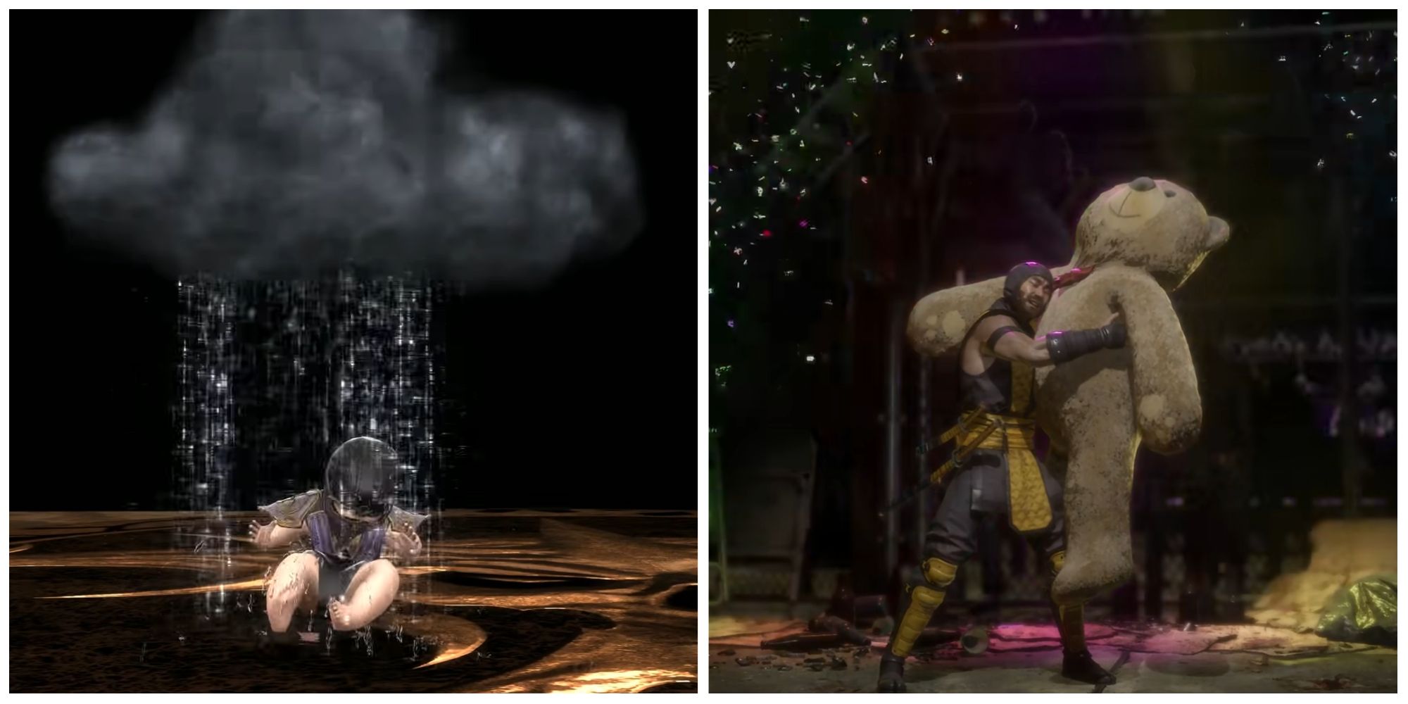 A babality from Mortal Kombat 9 featuring Rain and a friendship from MK11 featuring Scorpion.