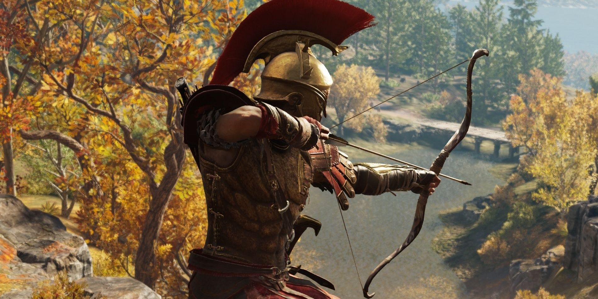 The player firing a bow in Assassin's Creed Odyssey