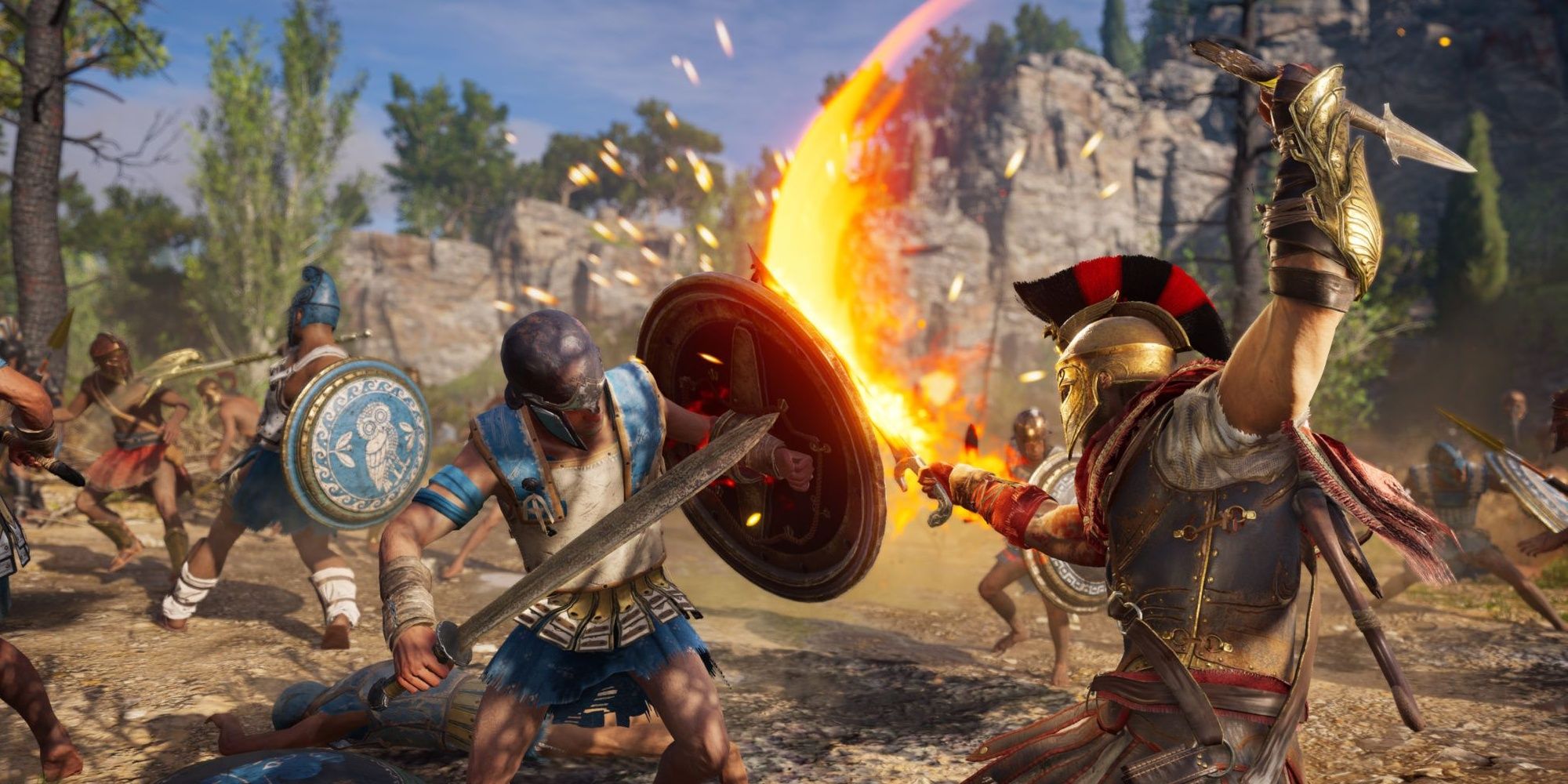 The player attacking an Athenian with a flaming sword in Assassin's Creed: Odyssey