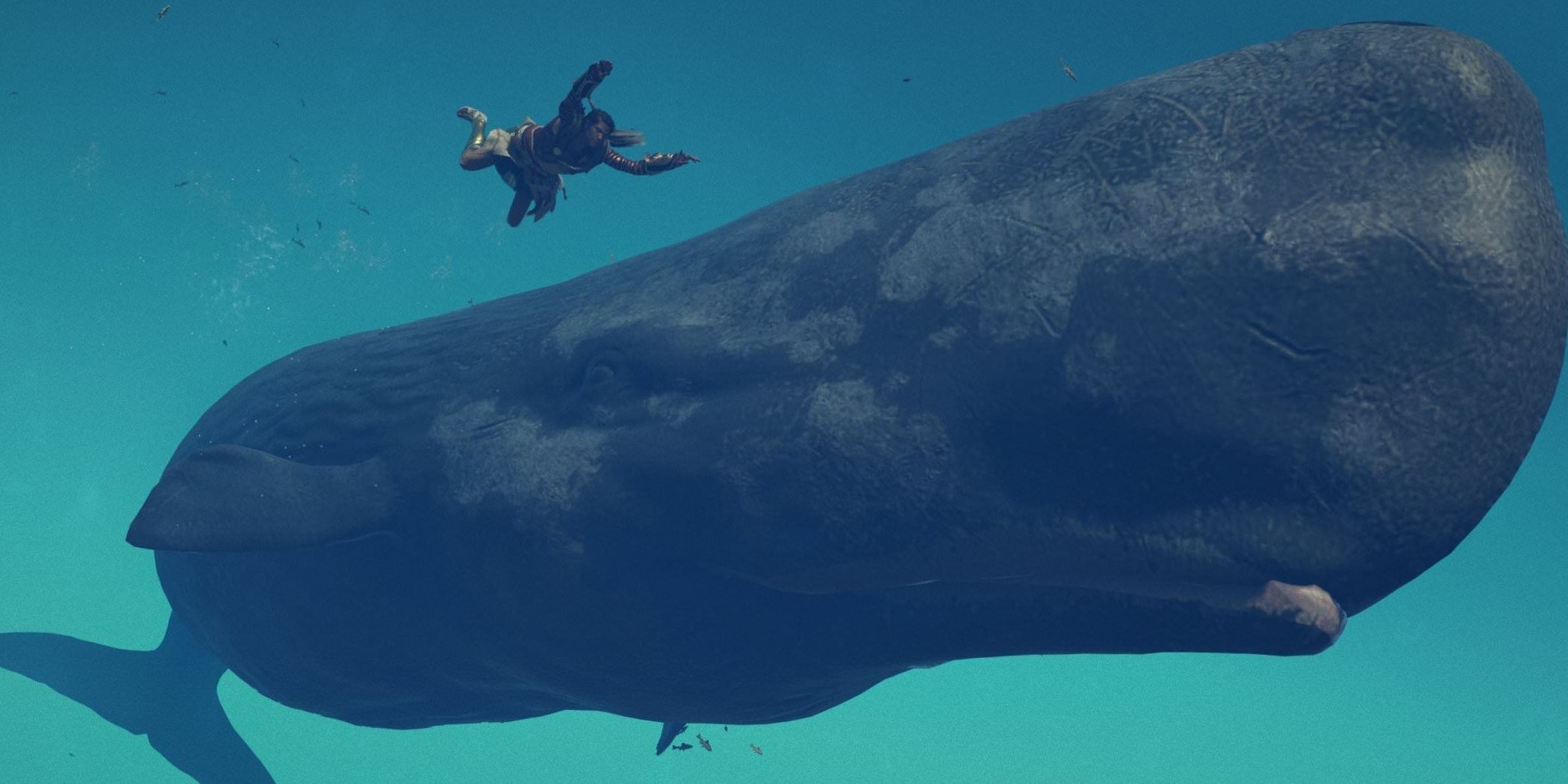 The player swimming underwater next to a whale in Assassin's Creed Odyssey