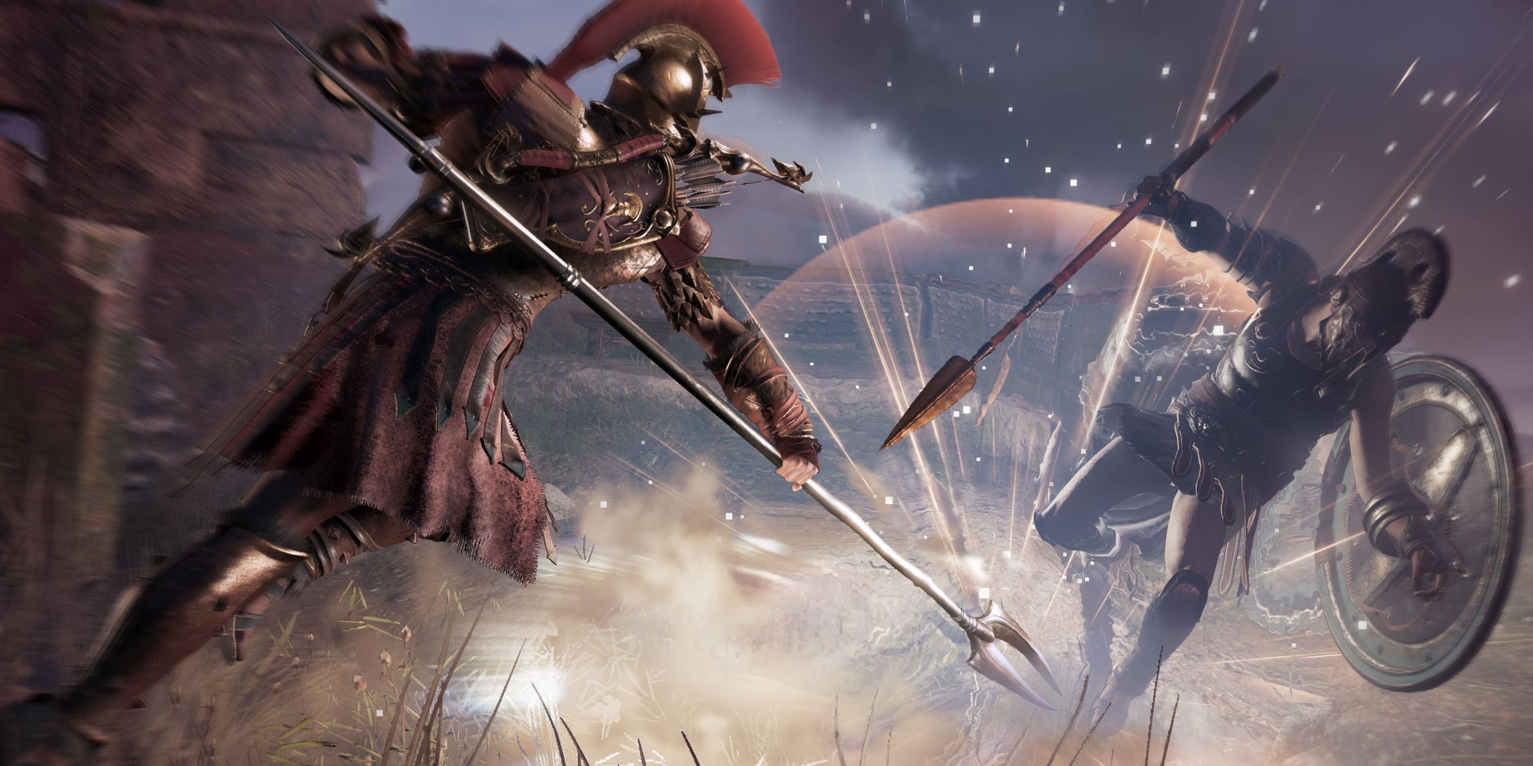 The player attacking an enemy with a spear in Assassin's Creed Odyssey