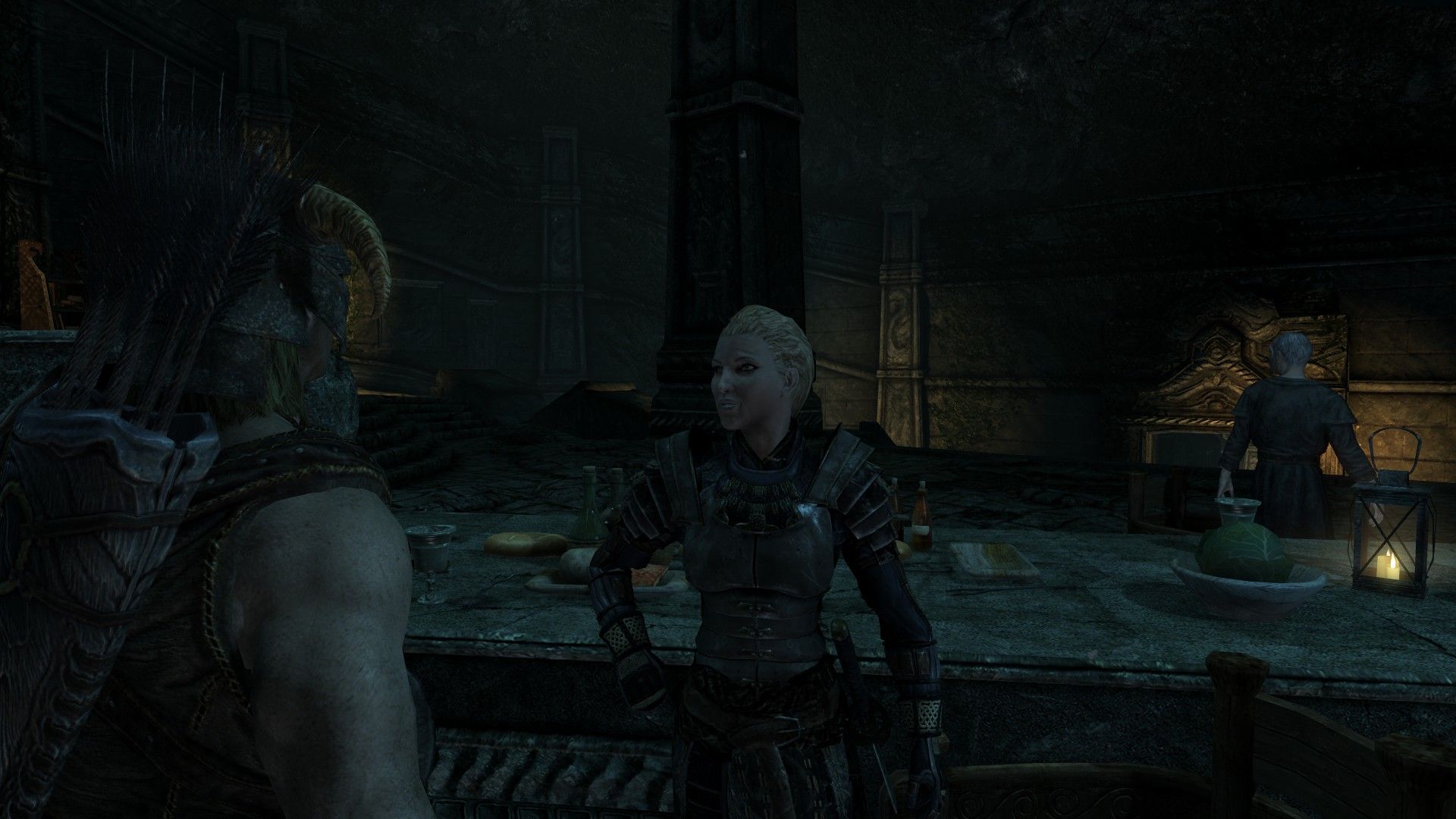An armored woman speaks to an adventurer in an ancient temple