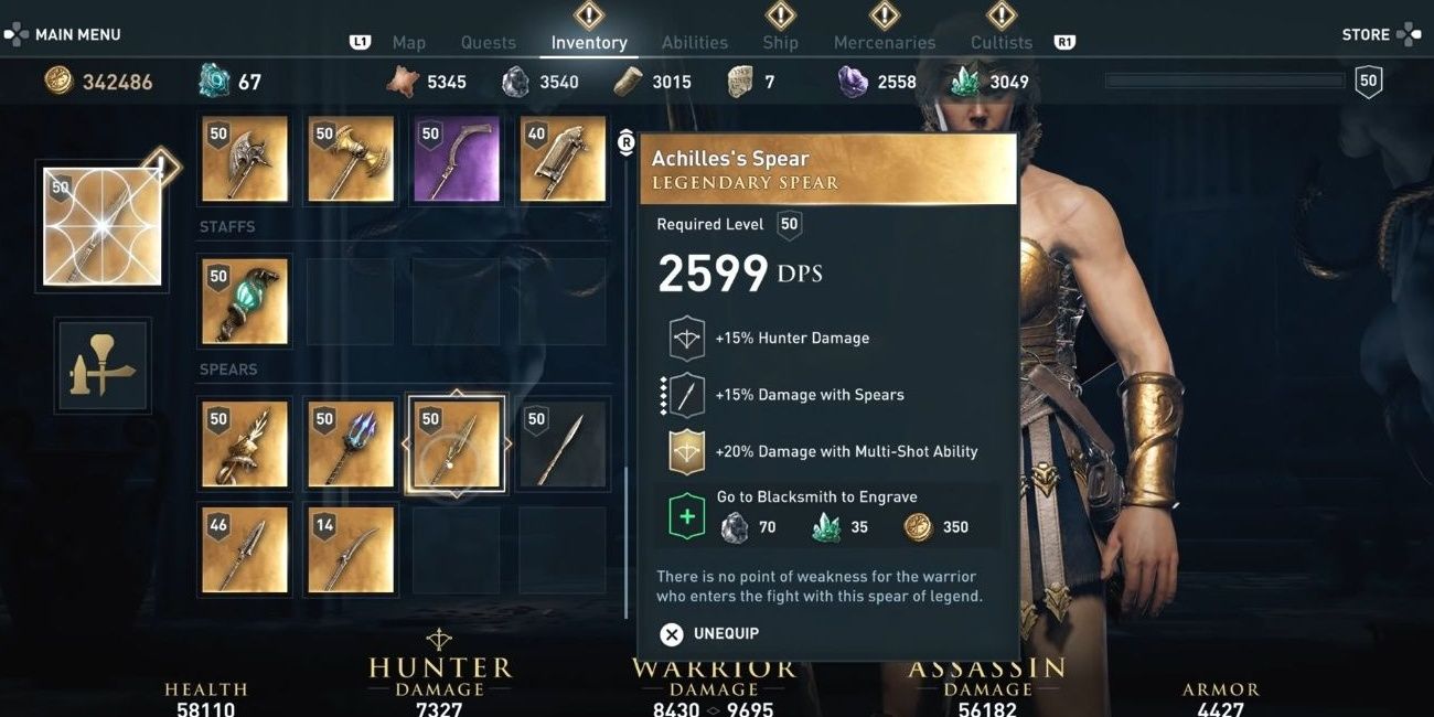 Selecting Achilles Spear in the Inventory tab in Assassin's Creed Odyssey