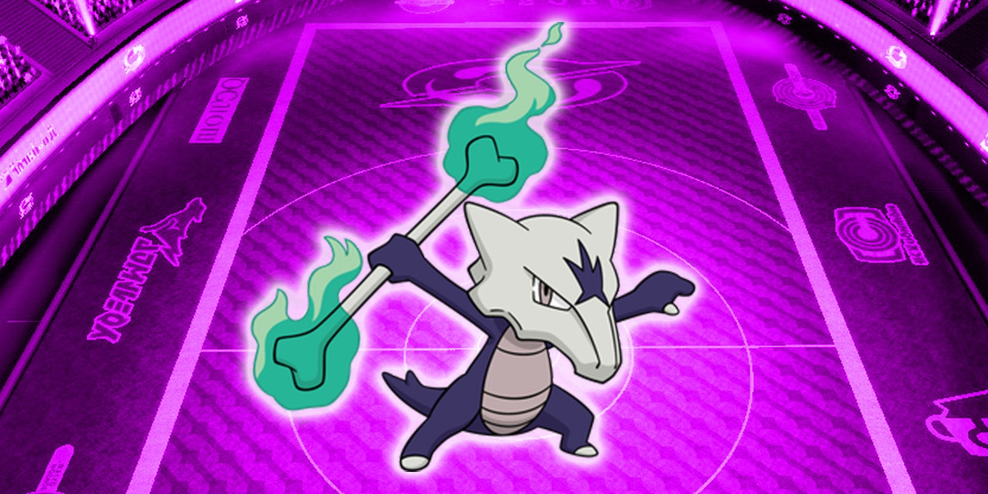 Alolan Marowak with purlple battle stadium in background