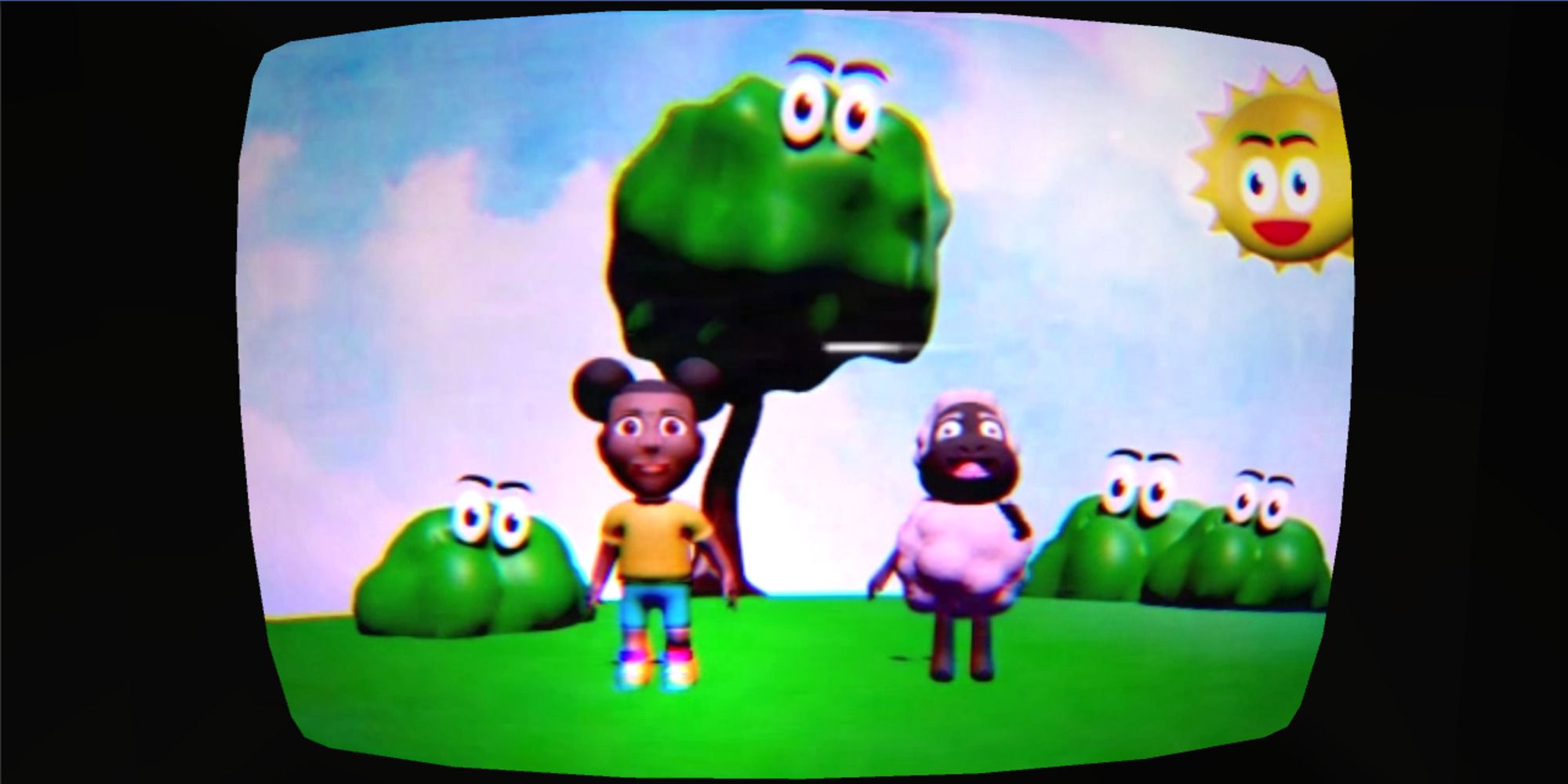 Amanda and Wooly standing in a field with bushes, a tree, and the sun having googly eyes
