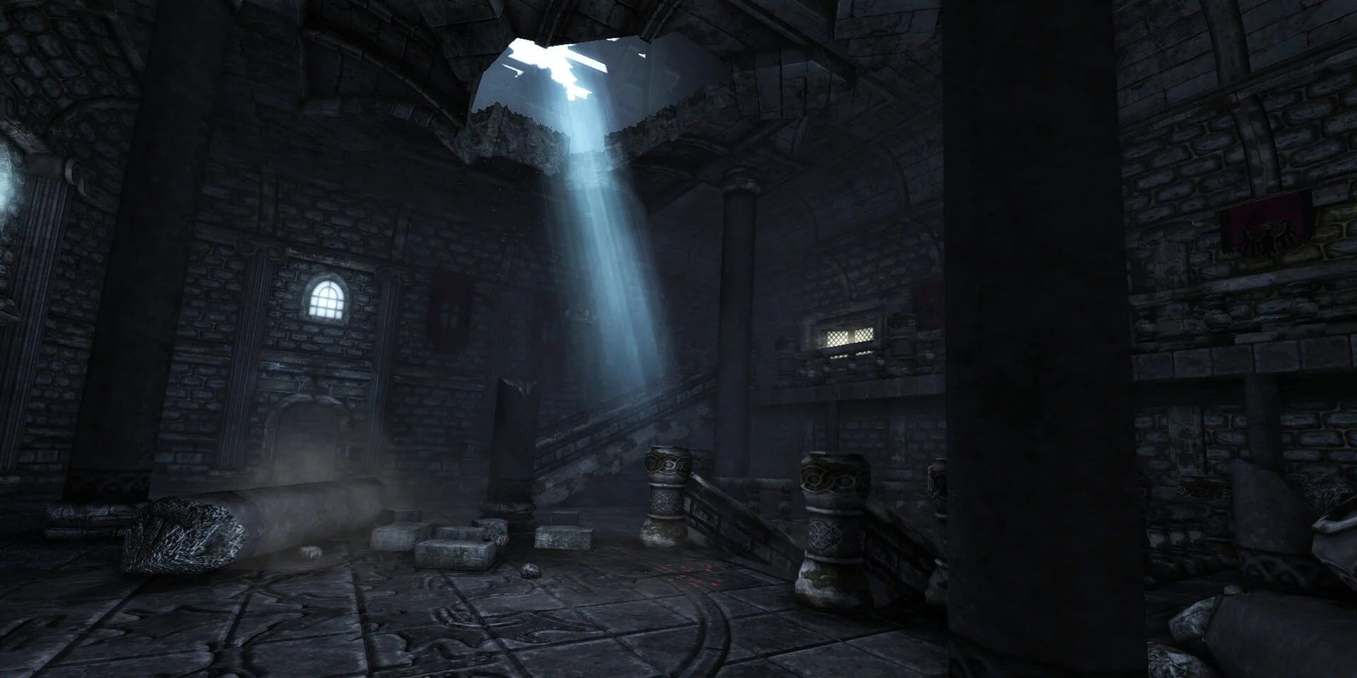Dark room made of stone in Amnesia The Dark Descent. There is light coming through a hole in the ceiling