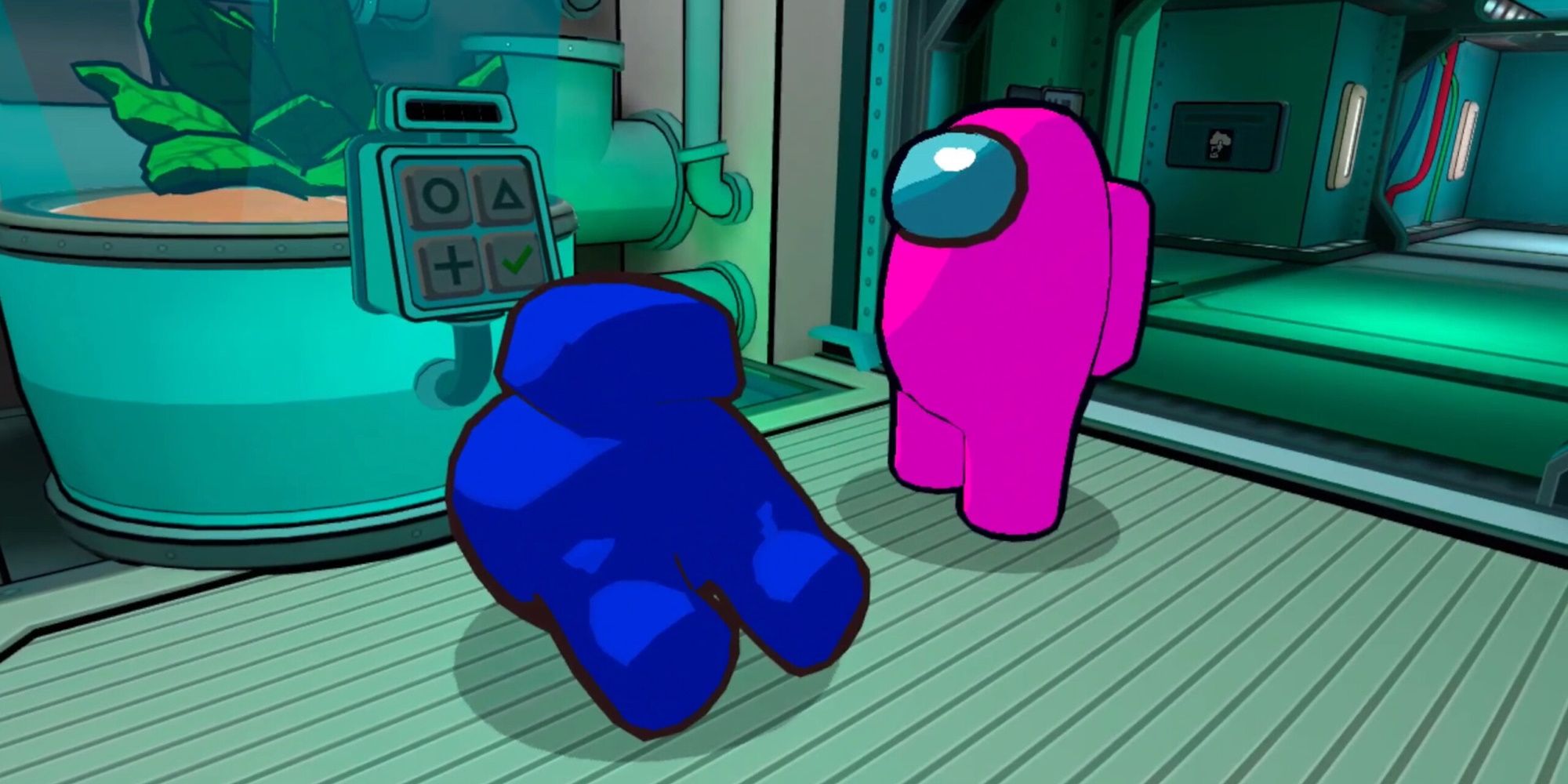 A dead crewmate in front of the plant task while another bean looks at them.