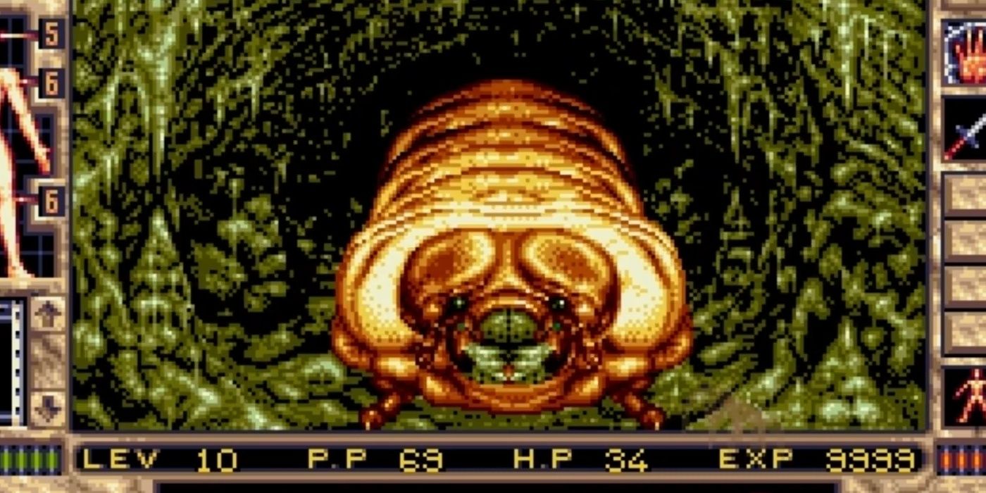 An encounter with a giant grub worm in Elvira 2.