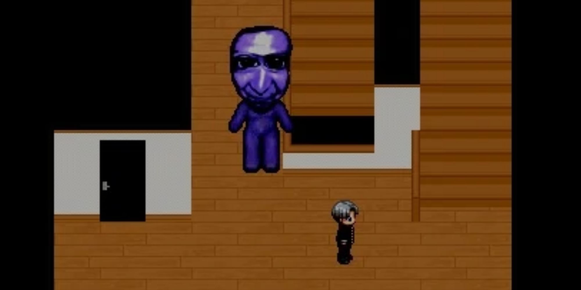 Screenshot of a blue oni chasing the main character from Ao Oni inside of a house.
