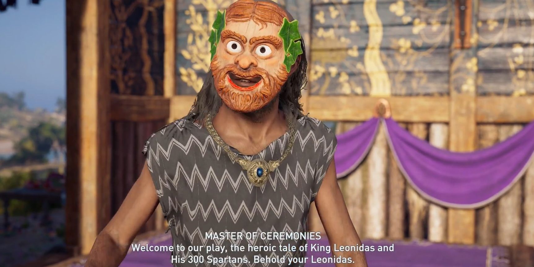The Master of Ceremonies in a mask announcing a play in Assassin's Creed Odyssey 