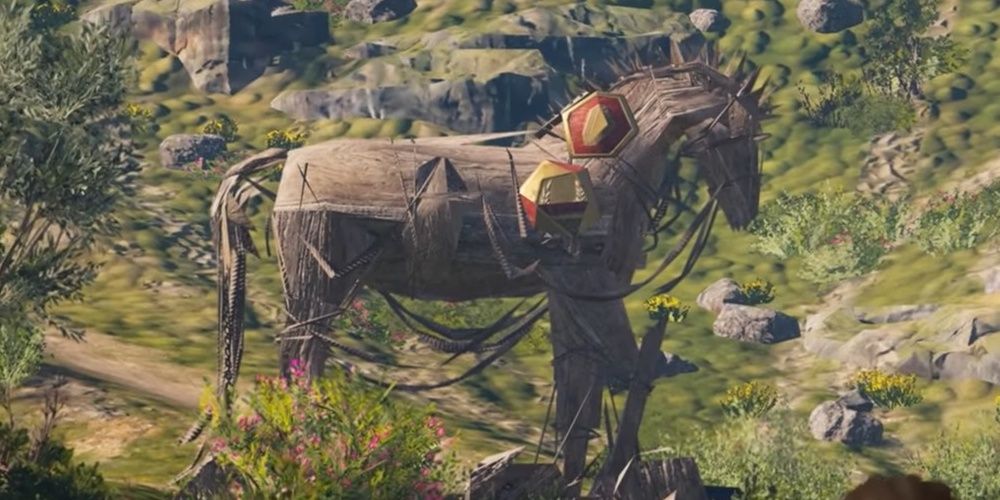 A close up of the Trojan Horse in the A Sacred Favour side quest in Assassin's Creed Odyssey 