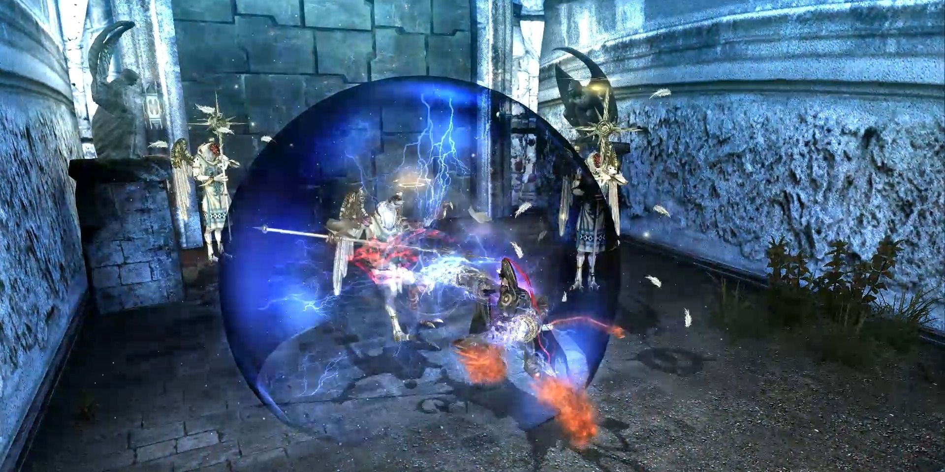 Bayonetta using lightning Durga on her hands and fire Durga on her feet