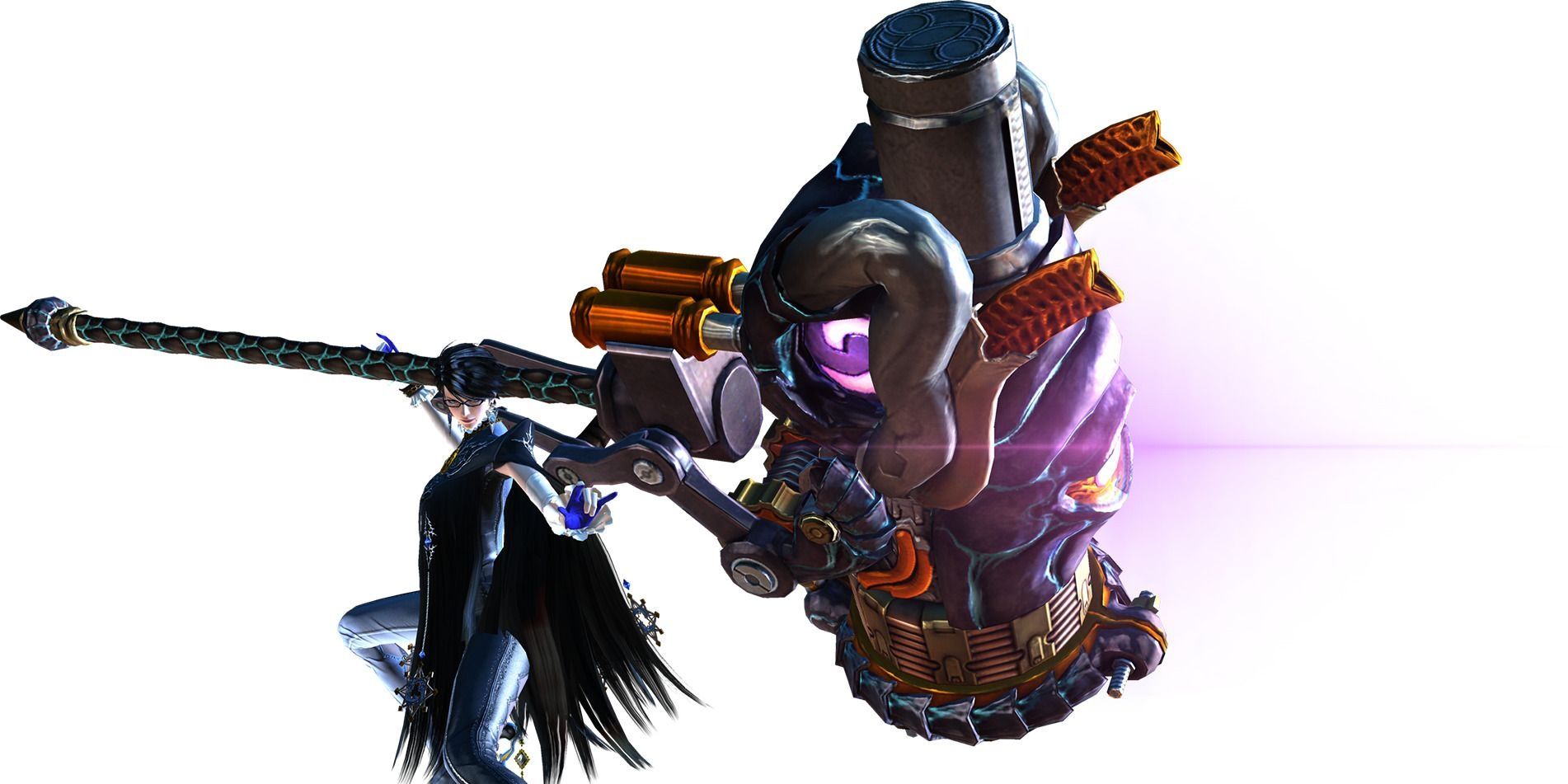 Bayonetta holding the great Takemikazuchi hammer on a black background