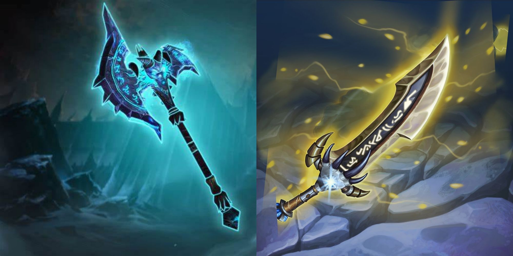 World of Warcraft split image of Shadowmourne and Quel'Delar splash arts