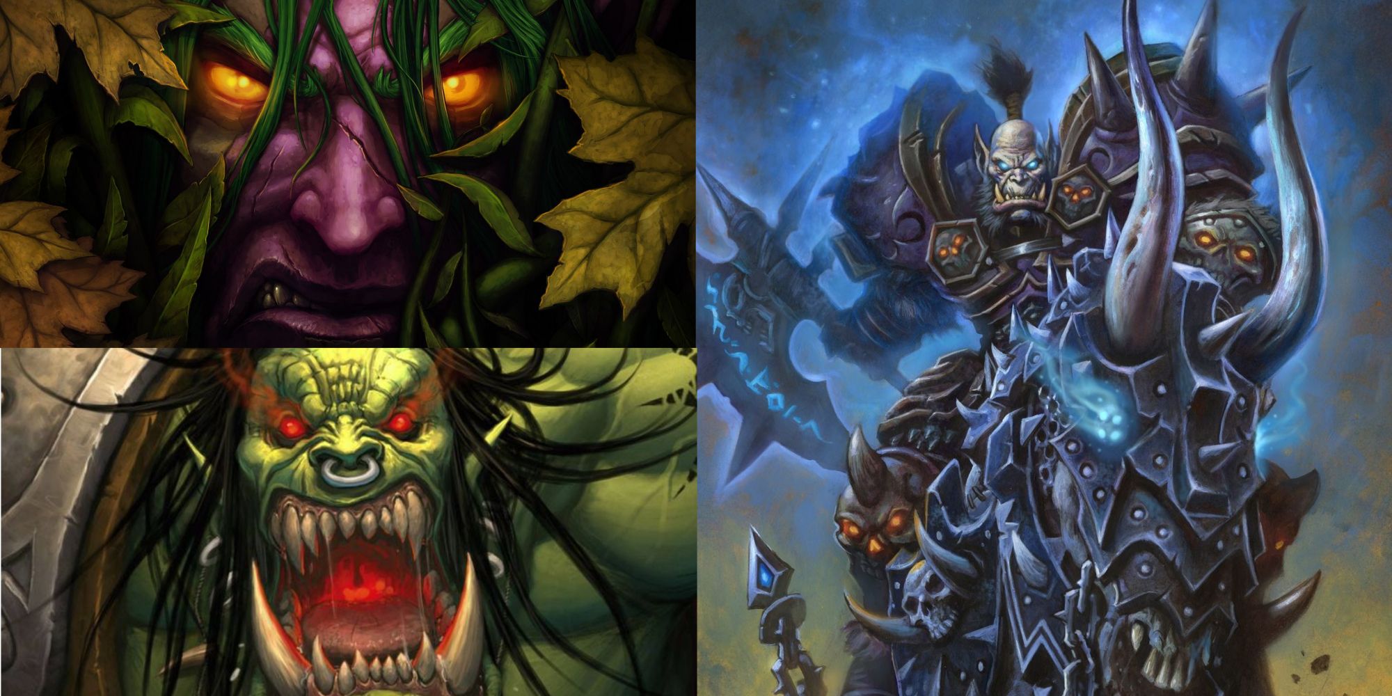 World of Warcraft split image of Malfurion Stormrage, Grom Hellscream, and Horseman Nazgrim