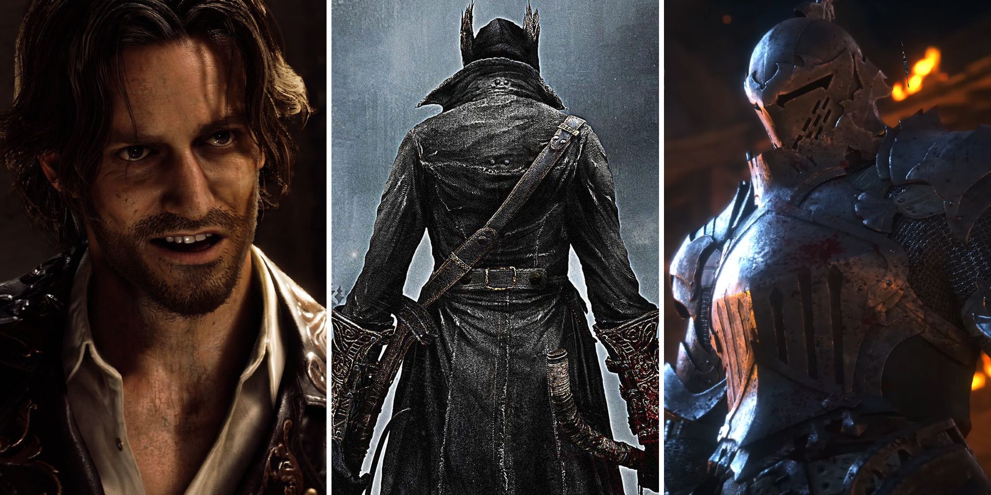 Luis from the Resident Evil 4 remake, a hunter from Bloodborne, and a menacing knight from Final Fantasy 16