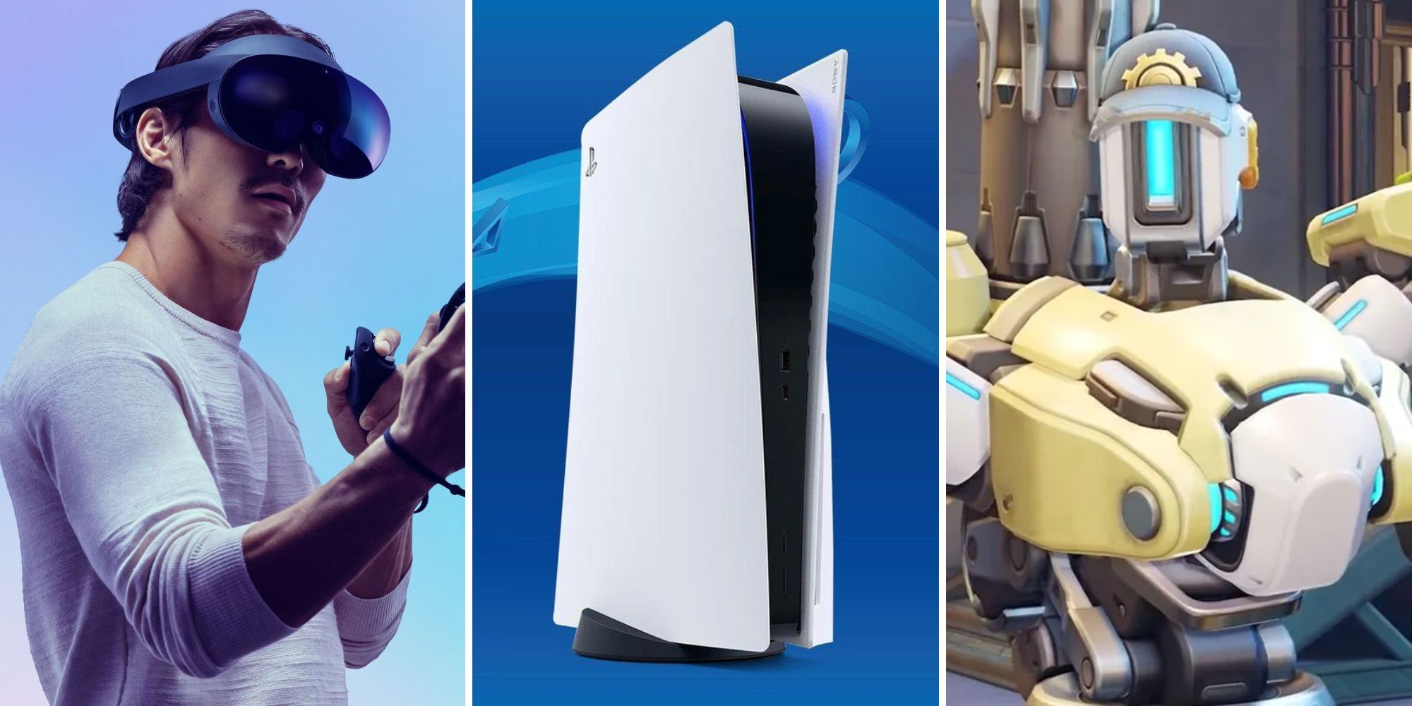 Man wearing a Quest Pro, a Ps5, and Bastion from Overwatch 2