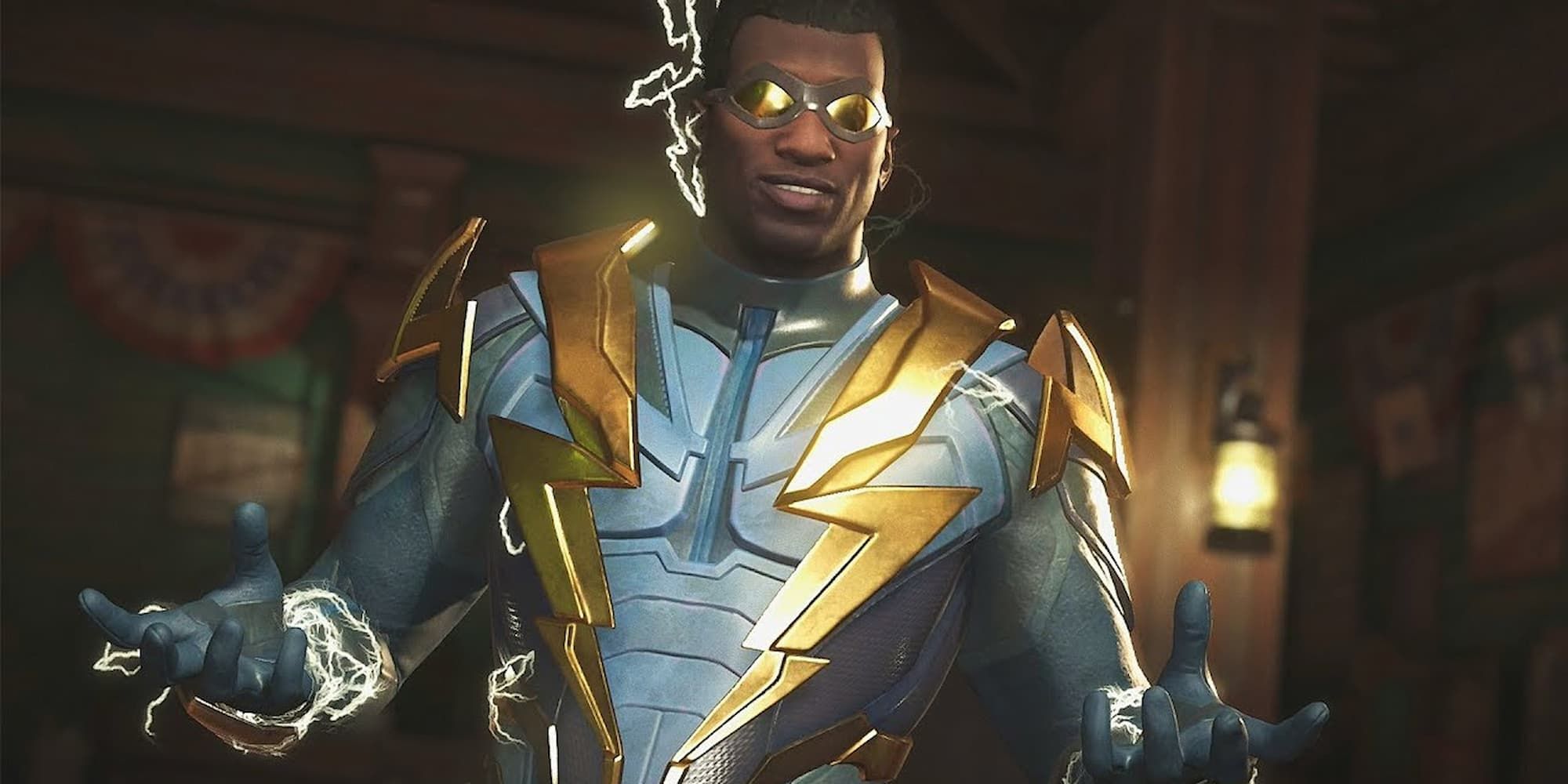 Black Lightning holds his arms out with a smirk on his face as he produces lightning around his arms and back.