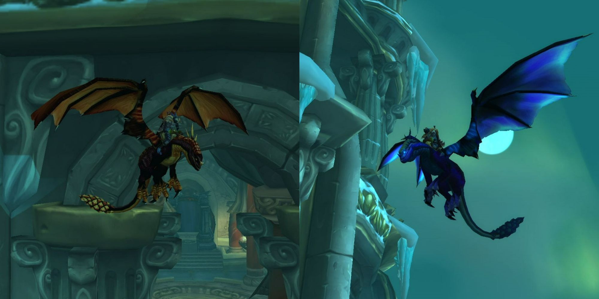 World of Warcraft Wrath of the Lich King split image of Black and Twilight drake mounts