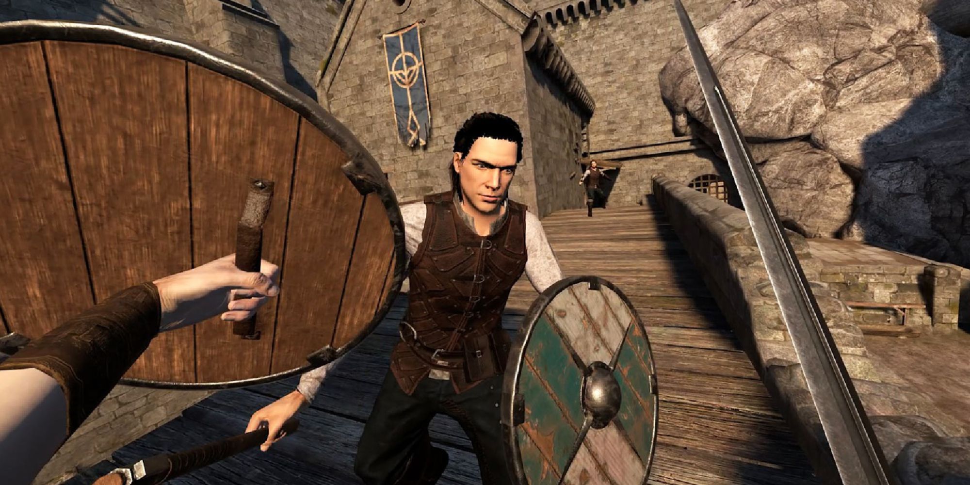 Facing and enemy with a sword and shield in Blade and Sorcery VR