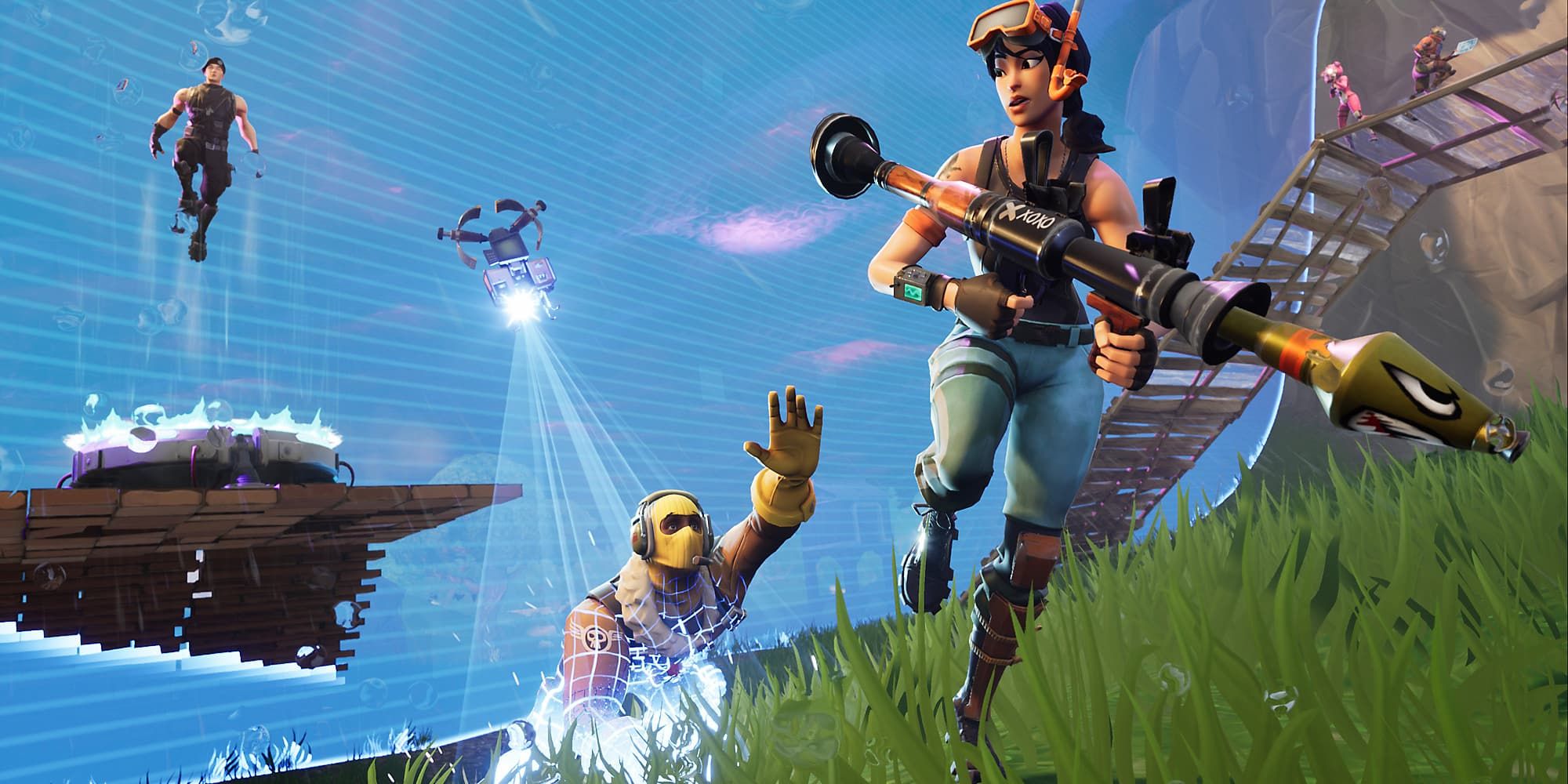 Fornite characters attempt to escape the rapidly approaching storm in the Blitz Limited Time Mode.