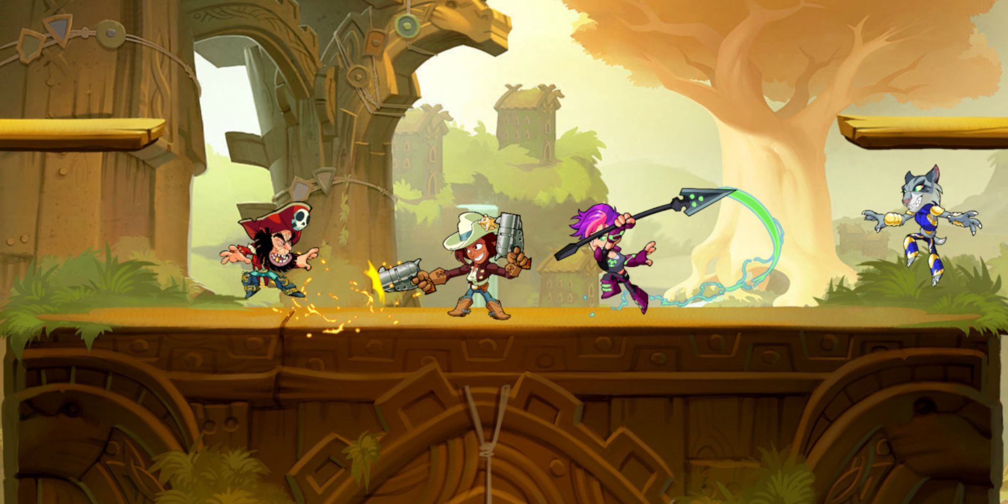 Brawlhalla: Cassidy shoots at Thatch while Asuri gets ready to attack Ada