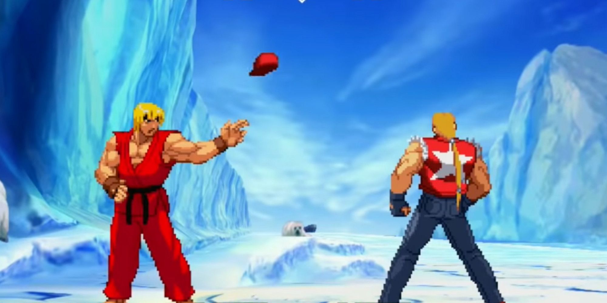 Ken tossing Terry Bogard's hat to him in Capcom Vs. SNK 2