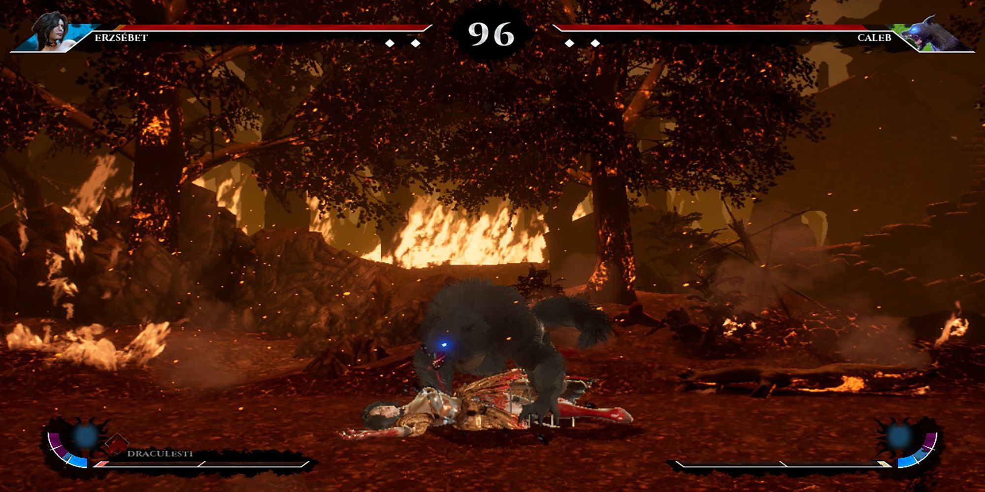Caleb, a werewolf, tackles Erzsebet in a burning forest in Omen Of Sorrow.