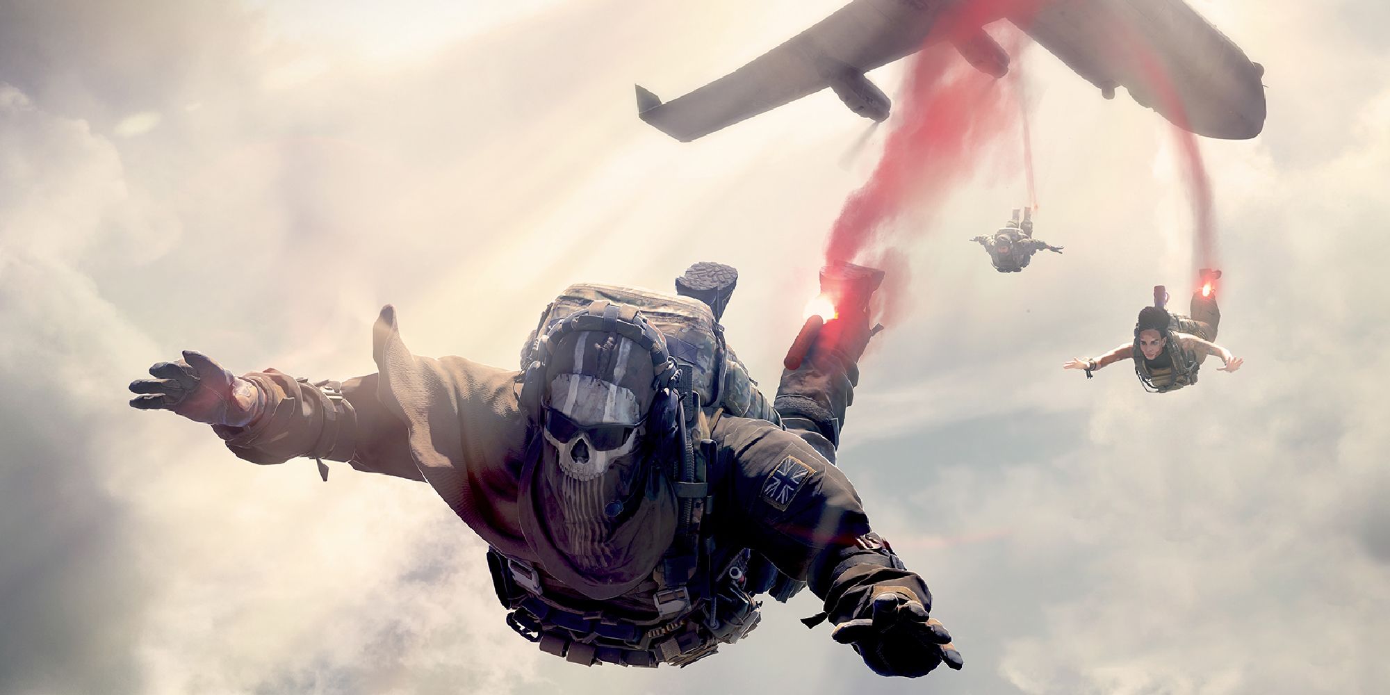 Call of Duty Warzone three operators jumping out of a plane with red smoke trailing behind them