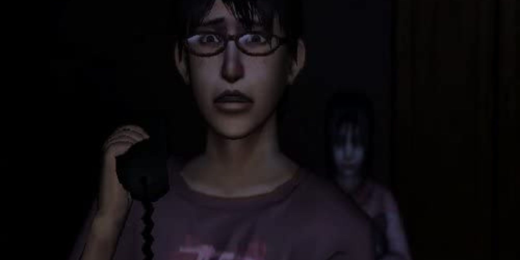 A boy with glasses holding a phone looks frightened as a ghost stands behind him in calling