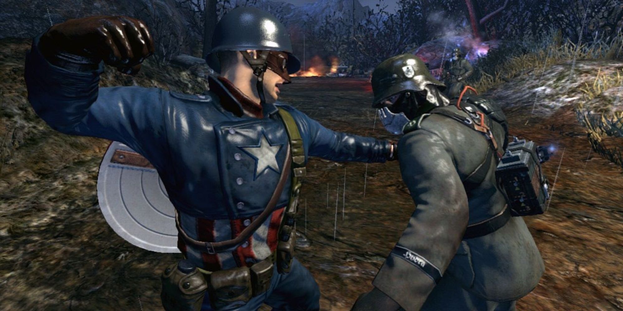 Captain America attacks an enemy soldier on a dirt road