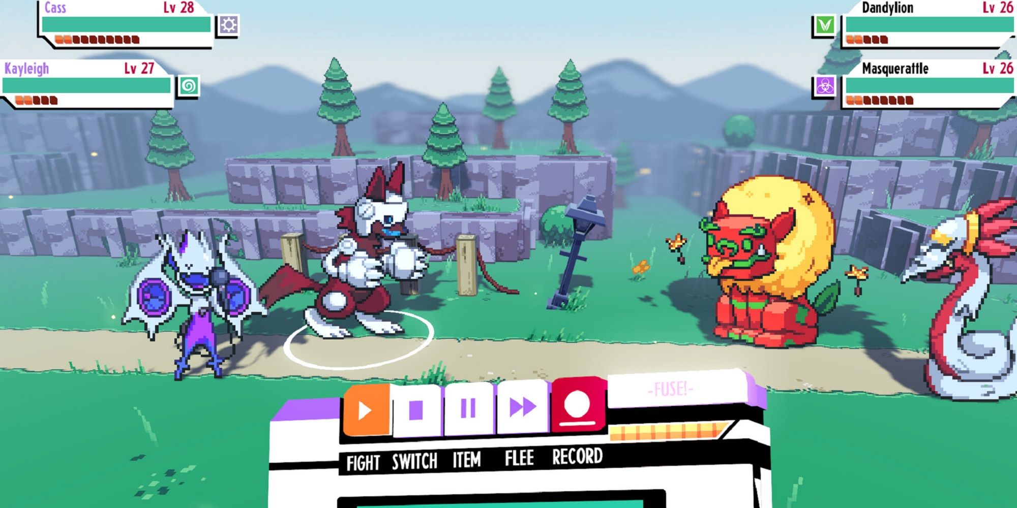 cassette beasts screenshot showing four beasts battling