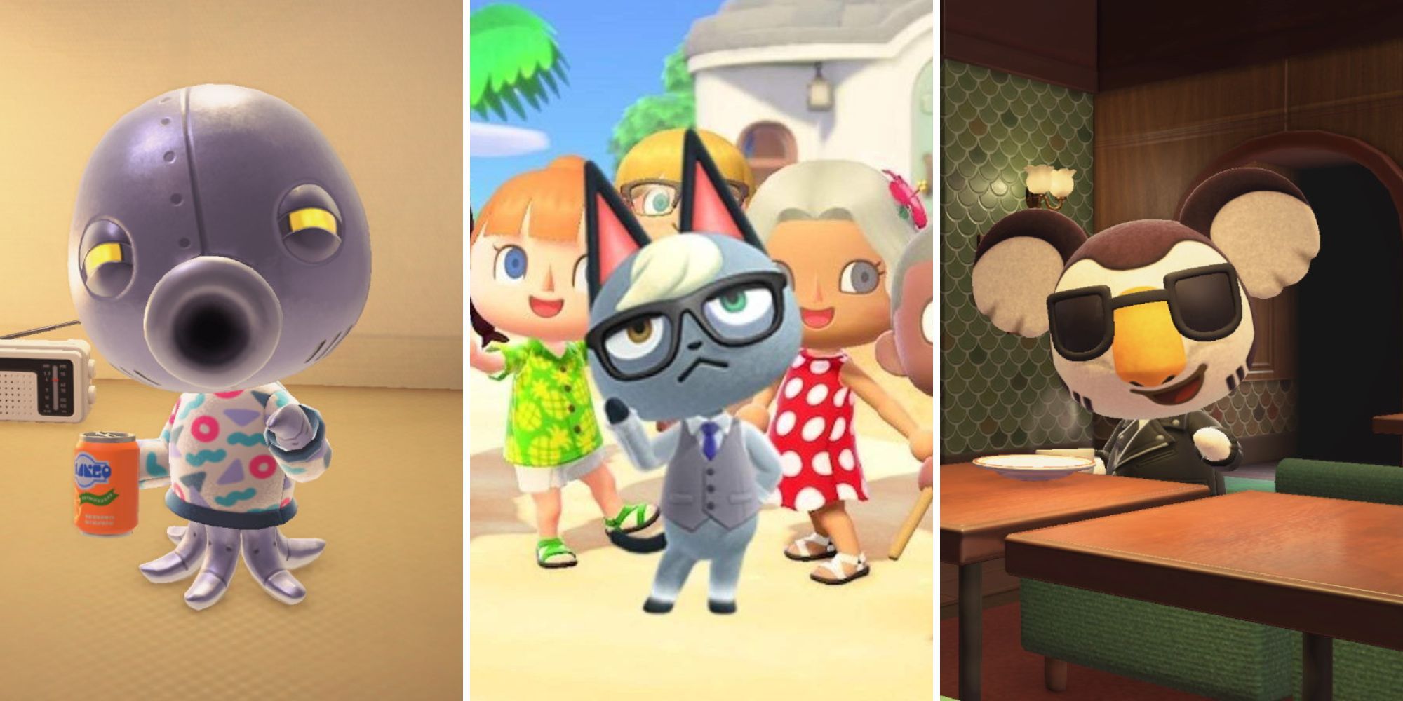 Cephalobot, a robotic octopus, holds a keg can in a tent, Raymond, a gray cat with glasses, stands in front of the villagers, Eugene, a brown and cream koala wearing shades, sits at a table.