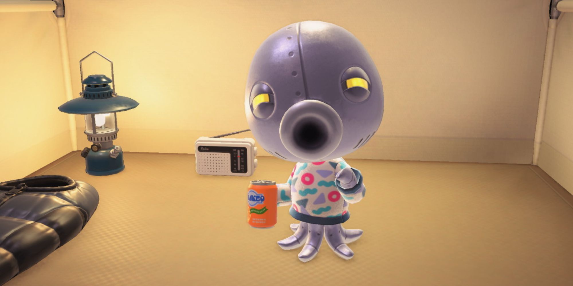Cephalobot holds a soda can while standing in his tent