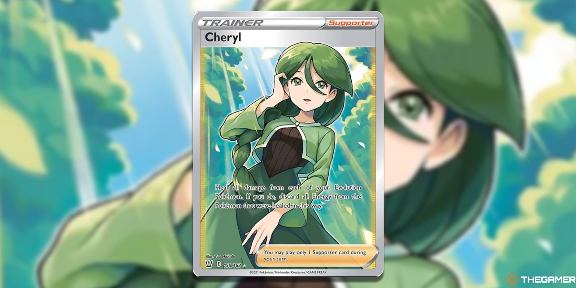 Pokemon TCG: Cheryl (Full Art) from Battle Styles, with blurry background