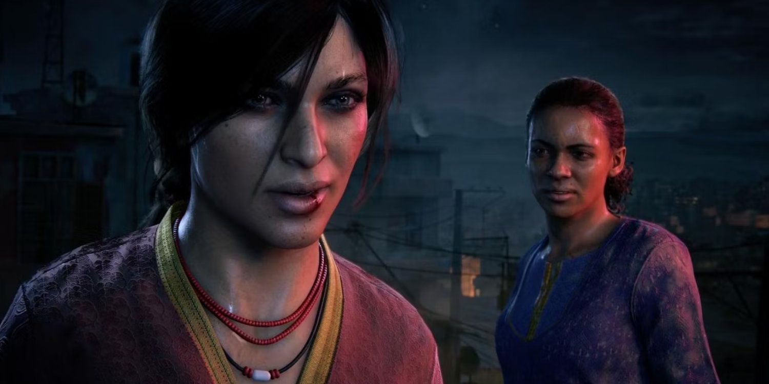 Chloe Frazer stands on a rooftop at night next to Nadine.