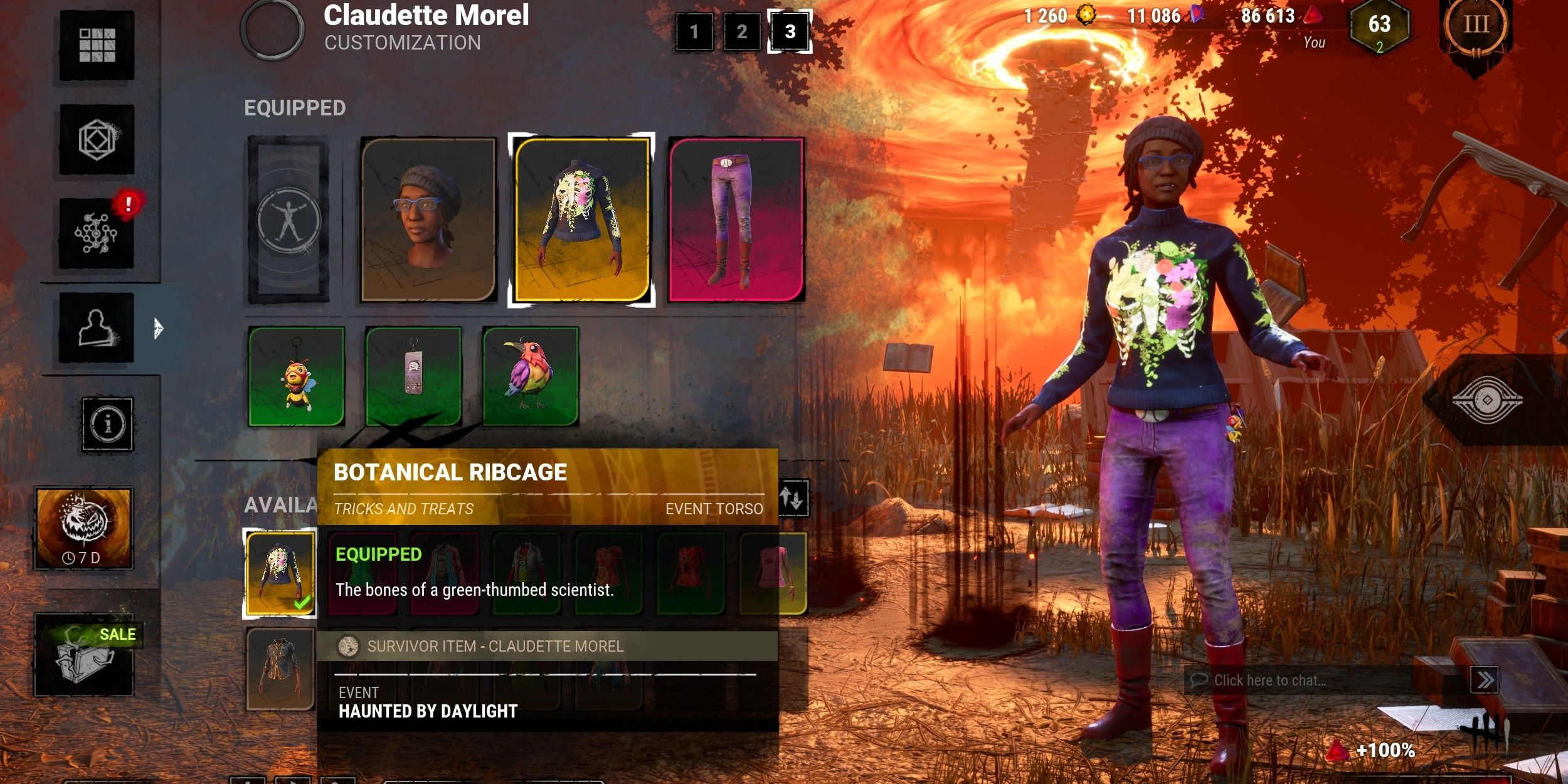 Claudette with one of the prettiest cosmetic pieces in the game, the Botanical Ribcage